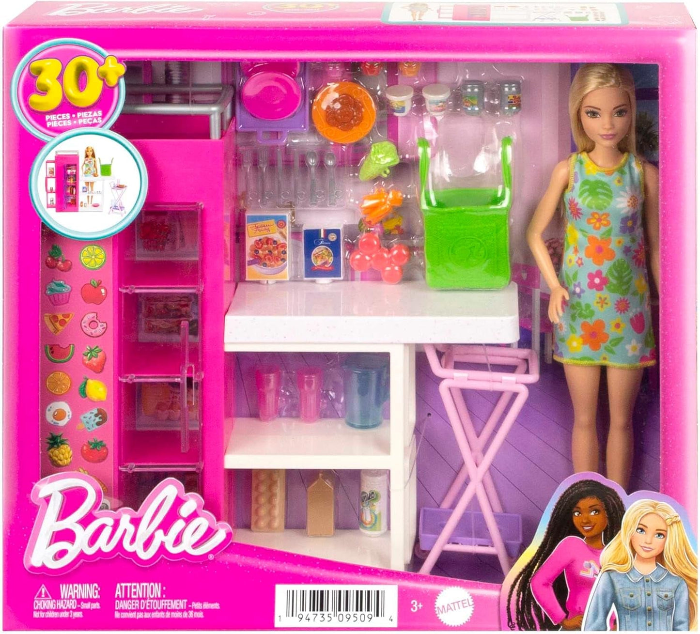 Barbie-poppenkastspeelset met meer dan 25 keukenonderdelen en accessoires - perfect voor kleine fijnproevers en cadeau voor kinderen vanaf 3 jaar, HJV38