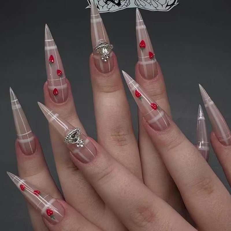 Mouyuglow Lange nagels Stiletto Melkwit Gradiënt Roze Glitter Cool Nepnagels met lijm Roze Ombre Glitter Kunstnagels