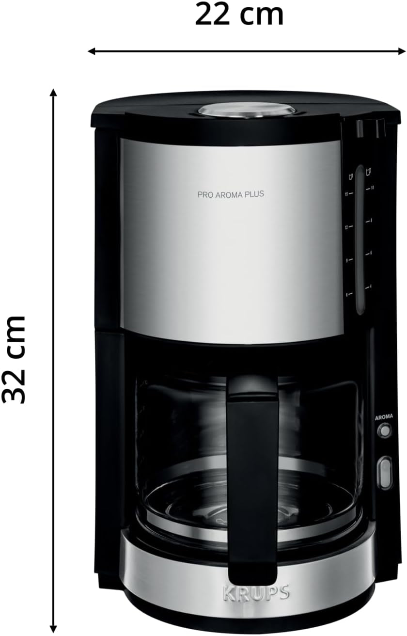 Krups KM3210 Pro Aroma Plus espressomachine, 10 kopjes, 1,25 l, 30 minuten warm houden, zichtbaar waterniveauvenster, antidruppelsysteem, zwart met roestvrijstalen toepassingen