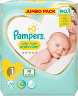 Pampers Premium Protection luiers voor nieuwe baby's, Jumbo-verpakking, maat 1, 72 stuks