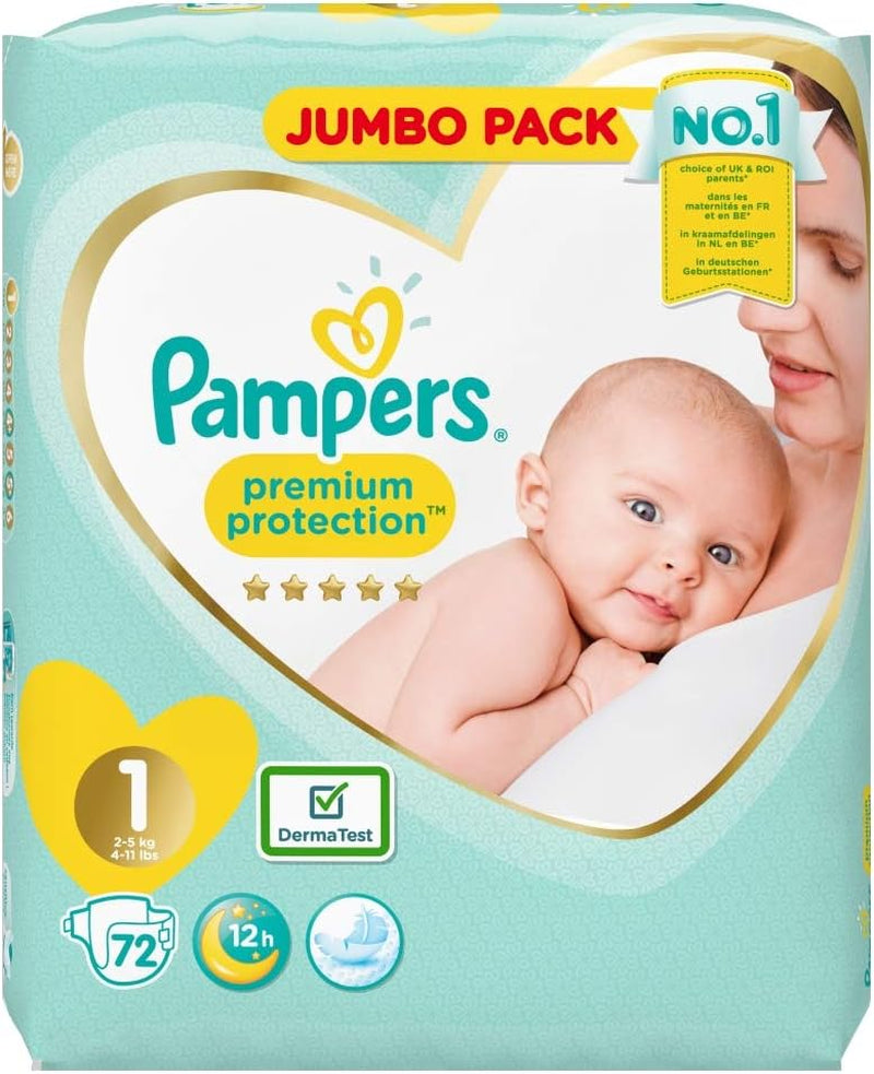 Pampers Premium Protection luiers voor nieuwe baby's, Jumbo-verpakking, maat 1, 72 stuks