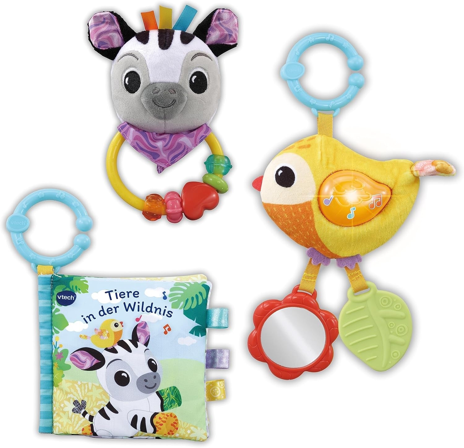 VTech Baby - Baby's Dierenvrienden Cadeauset - Stoffen boek, Zingende Vogel en Zebra Rammelaar Speelgoedset - Voor 0-24 maanden Babyspeelgoed Naty Shop Standaardtitel
