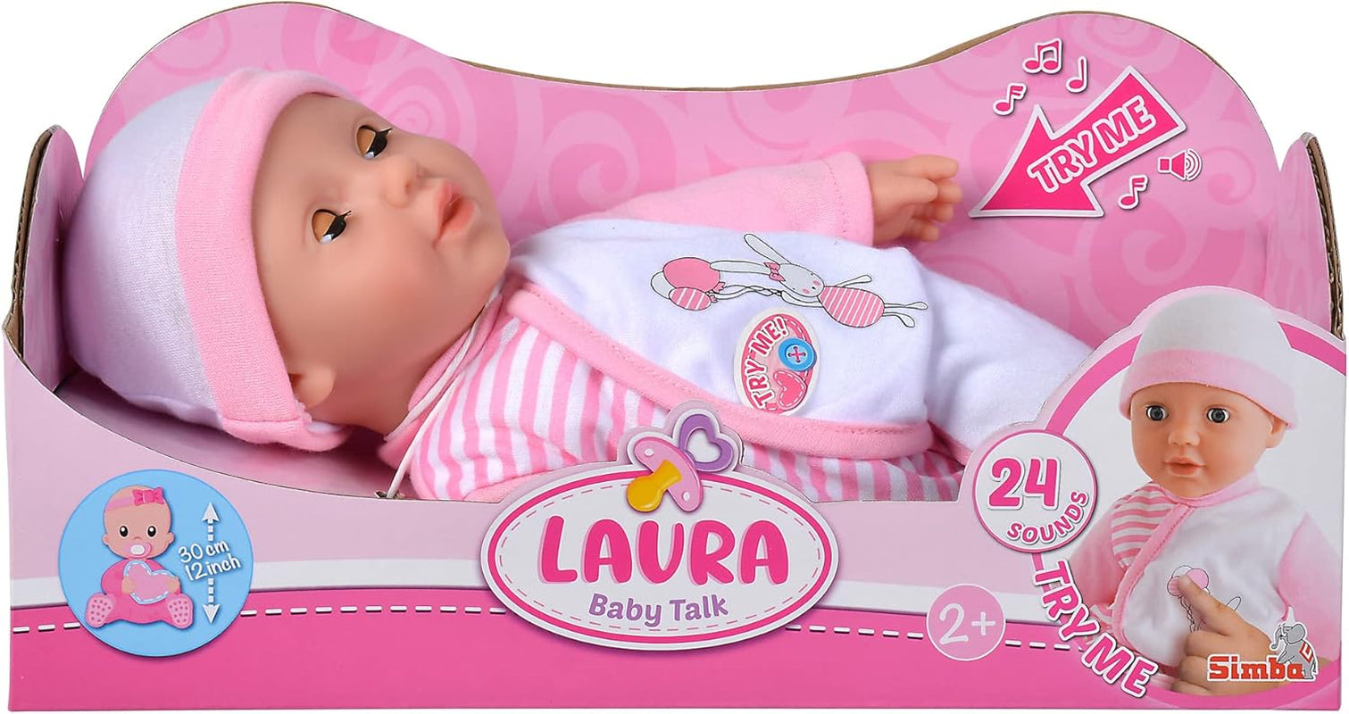 Simba 105140020 - My Love Baby Talk, pop met zacht lichaam en slaapogen in schattige jumpsuit, maakt 24 babygeluiden, 30 cm, pop voor kinderen vanaf 2 jaar