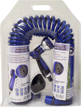 590078 – Spiraalslangenset, blauw, 15 meter (diameter 9 mm) + multifunctioneel pistool met 8 sproeiers + automatisch binnendraad met ¾-½ adapter + 2 snelkoppelingen + ophangbeugel