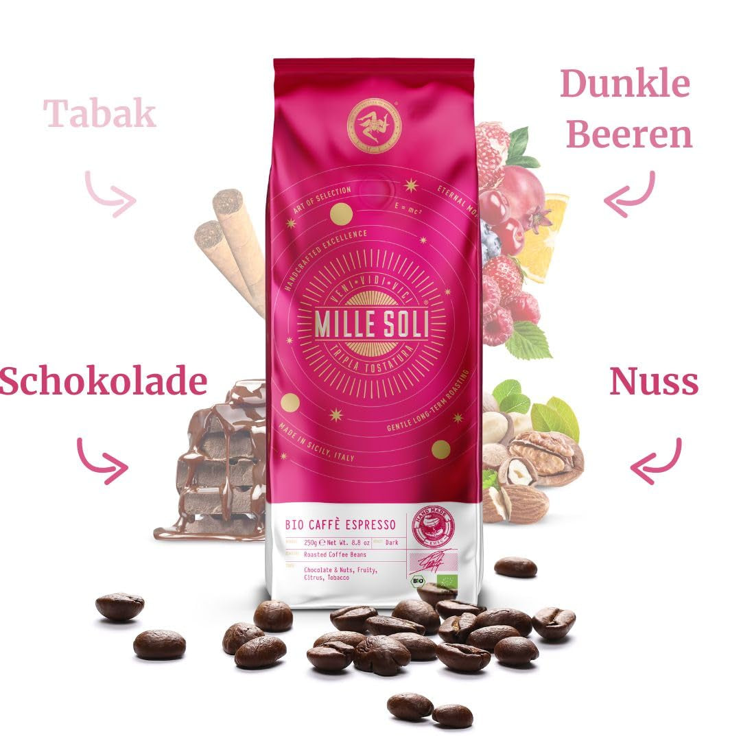 Caffè Biologische Espressobonen 250g - 100% Biologisch - Geroosterd op Sicilië - Eeuwenoude, handgemaakte brandmethode - Premium espressobonen voor volautomatische machines en portafilter