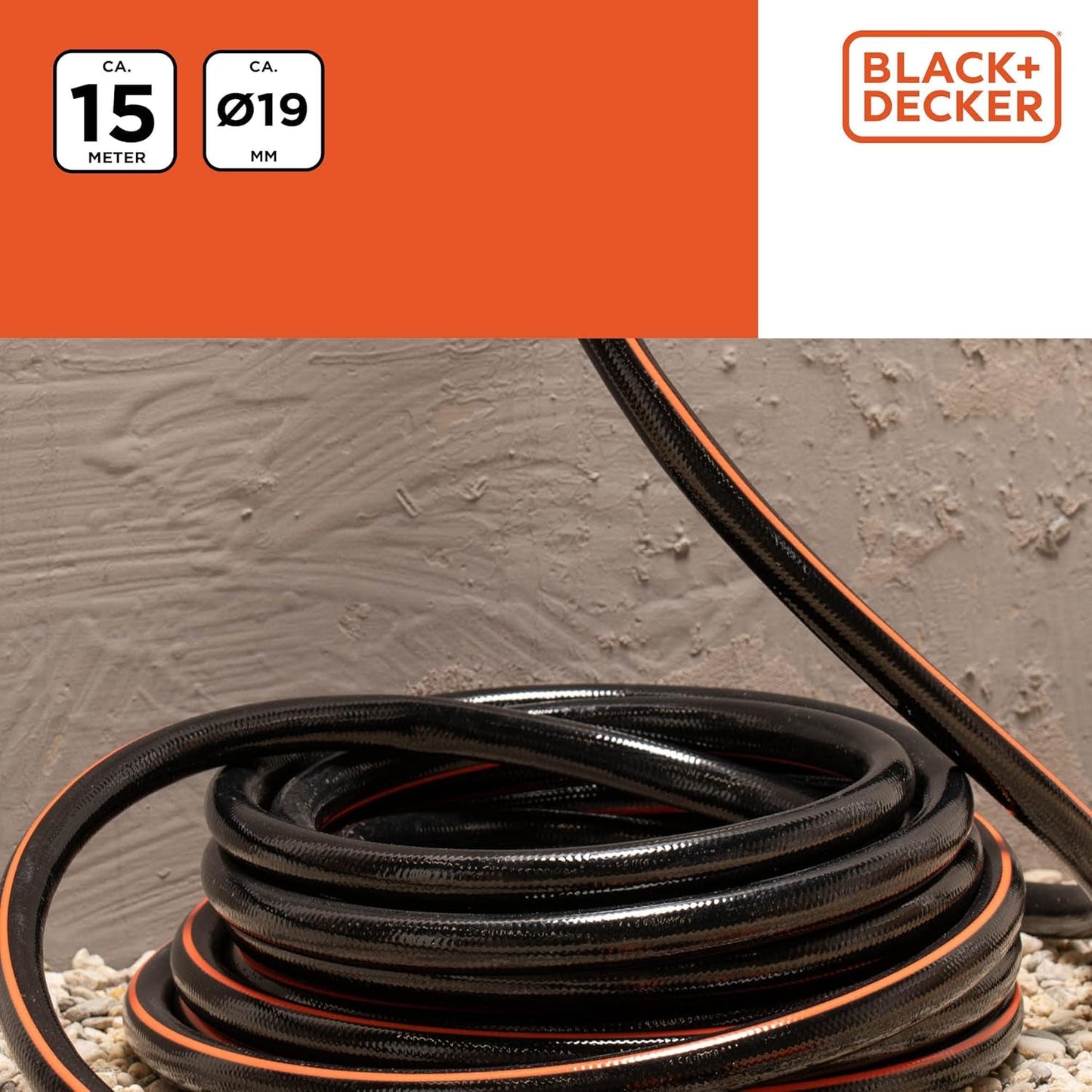 BLACK+DECKER Tuinslang 15 meter - Ø19MM - Duurzaam PVC - Tuin besproeien, auto wassen, zwembad vullen - Compatibel met elke standaard kraan - Zwart/Oranje
