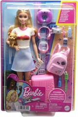 Barbie-pop, reisbarbie met blond haar, 10+ reisaccessoires, stickers, koffer, puppy, inclusief 1 pop, kindercadeau, speelgoed vanaf 3 jaar, HJY18