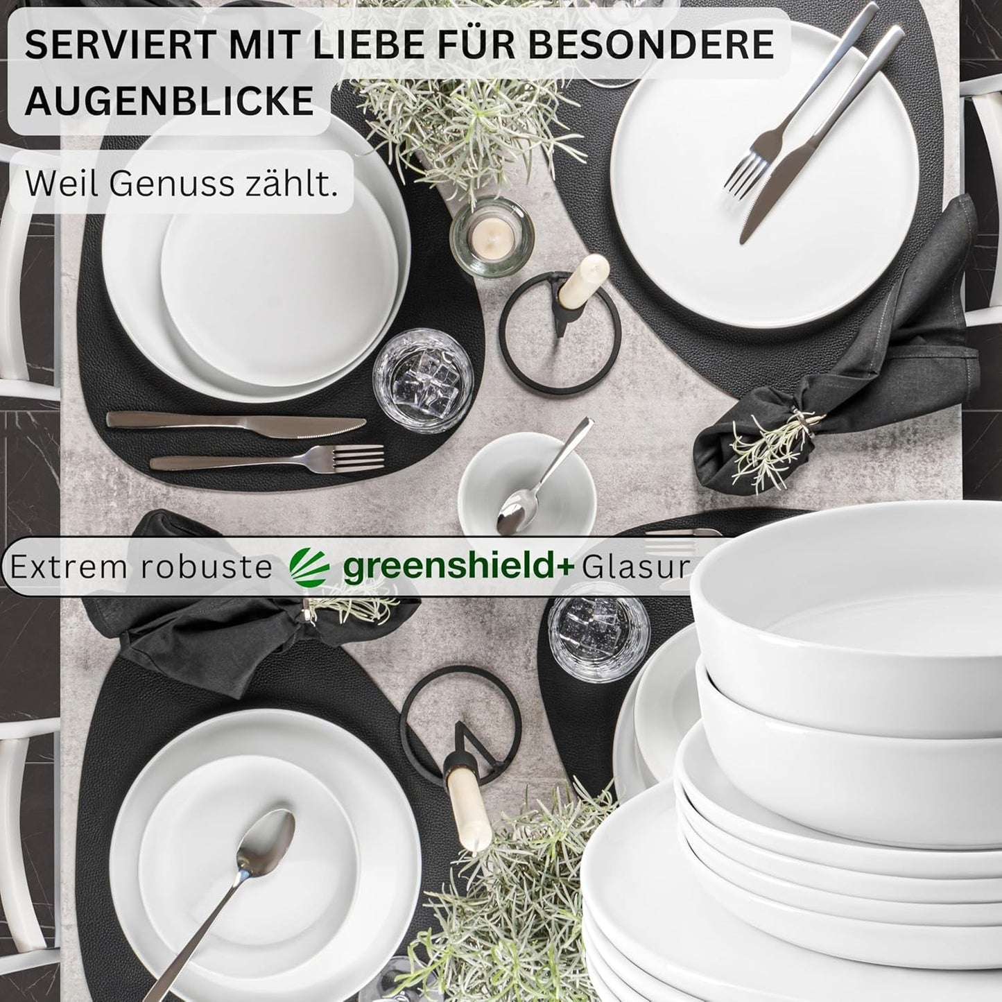 ZANGER | Marlo White Serviesset 24-delige Serviesset voor 6 personen met dessertborden, dinerborden, schalen en mueslischalen Porseleinen dinerbordenset Serviesgoed Modern design PREMIUM COLLECTIE