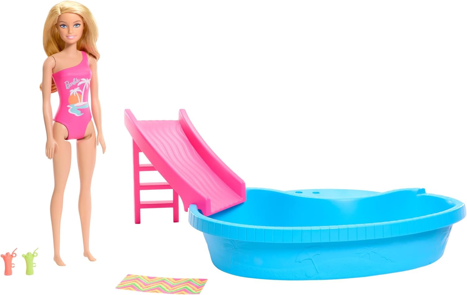 Barbiepop en accessoires - zwembad met glijbaan en accessoires voor urenlang plezier in de zon, roze badpak met tropisch design, voor kinderen vanaf 3 jaar, HRJ74