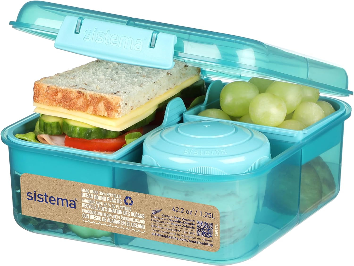 Bento Box TO GO lunchboxsysteem met vakken | Lunchbox van 1,25 L met yoghurt-/fruitcontainer | voor kinderen en volwassenen l | BPA-vrij Minty Teal [21685-8T], mintgroen Voedselbewaardozen Naty Shop Mintgroen (gerecycled plastic) 1,25 L
