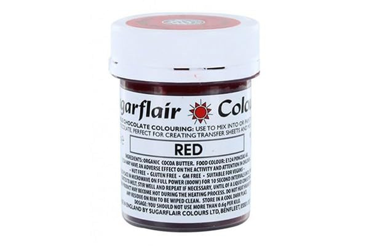 Voedingskleurstof Sugarflair Chocolate Voedingskleurstof voor rode chocolade - Gekleurde biologische cacaoboter, chocoladekleuring voor het kleuren van chocolade, pralines - 35g