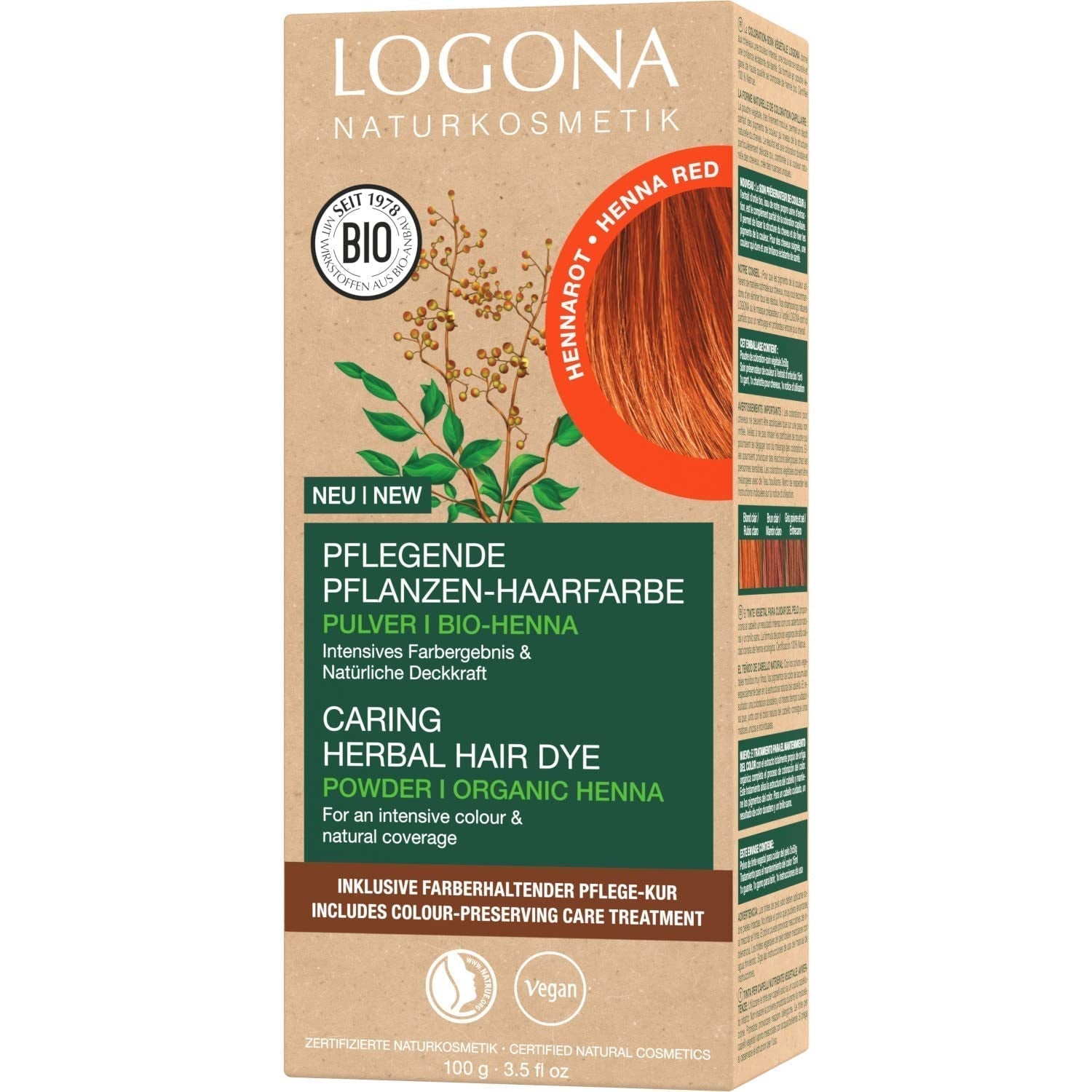 LOGONA Natural Cosmetics Kruiden voedende haarverf, biologisch hennapoeder Veganistische haarverf voor intense kleur en glans, kruidenhaarverf in koperblond (blond), 1 x 100 g Naty Shop rode henna haarverf 100 g (1 verpakking)