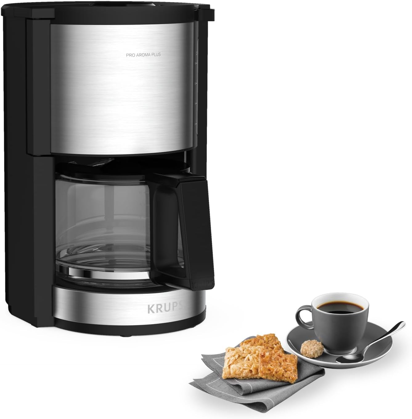Krups KM3210 Pro Aroma Plus espressomachine, 10 kopjes, 1,25 l, 30 minuten warm houden, zichtbaar waterniveauvenster, antidruppelsysteem, zwart met roestvrijstalen toepassingen