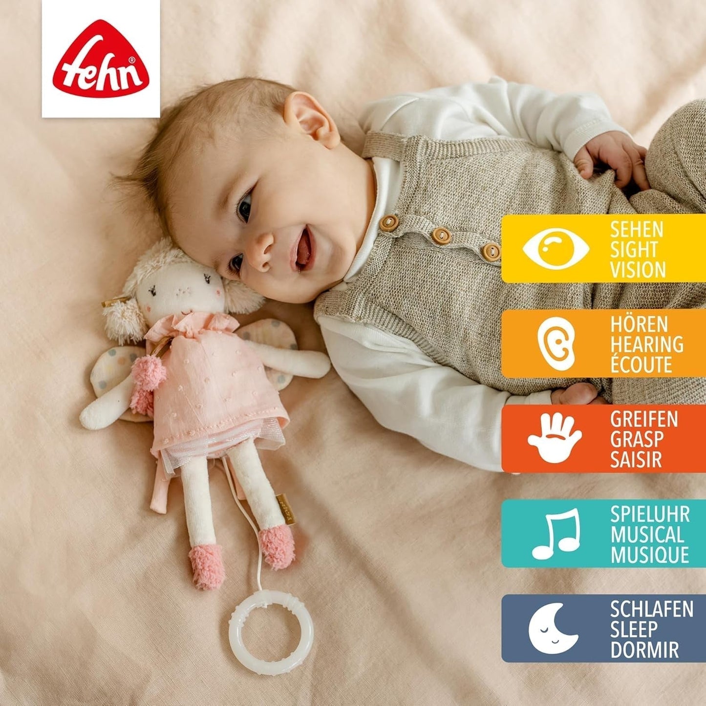 Fehn mini muziekdoosfee - knuffel en slaaphulpje: opwindbare muziekdoos met de zachte melodie "Zwanenmeer" kalmeert in elke situatie - voor baby's en peuters vanaf 0+ maanden Speelgoed Bebe Naty Shop