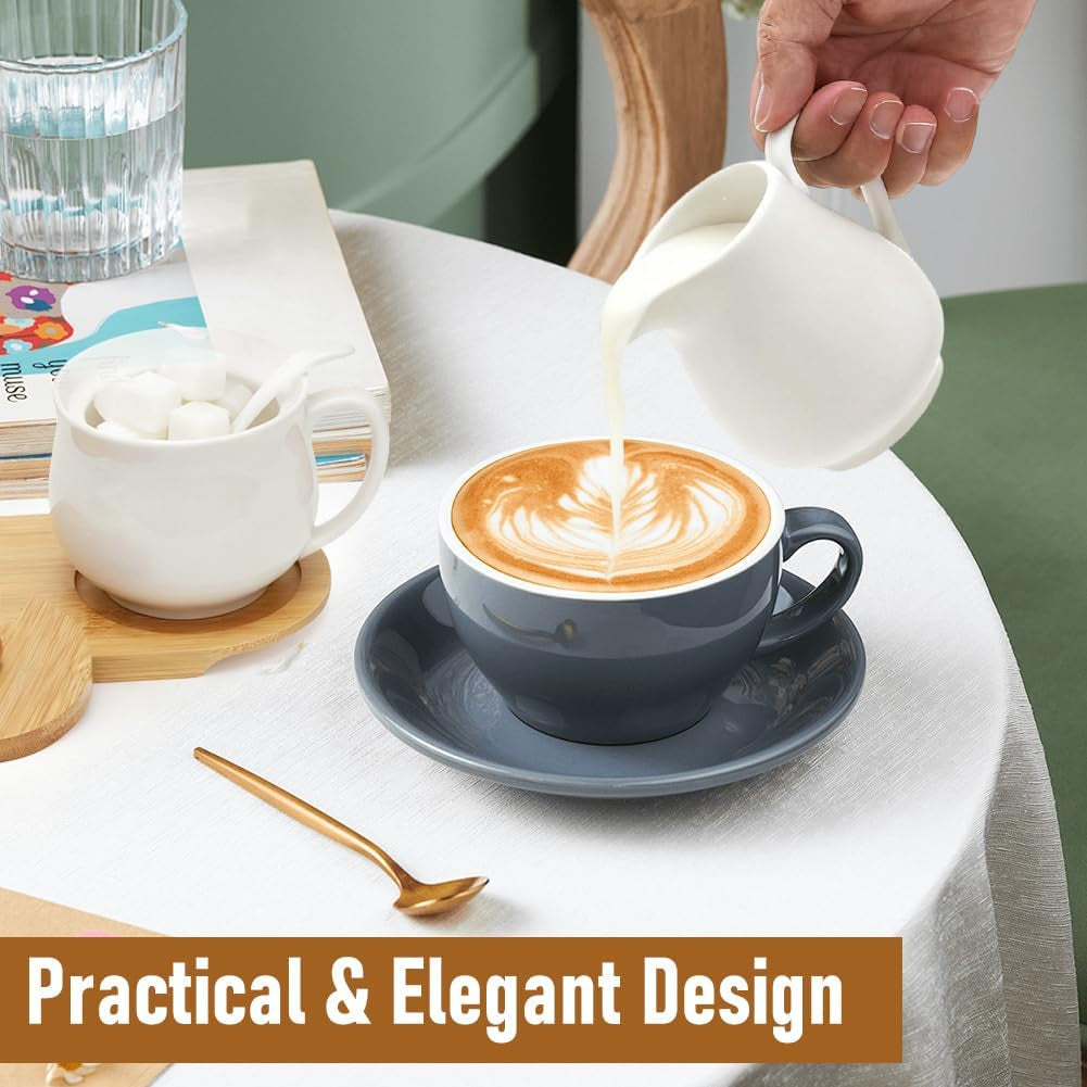 Melk- en suikerset met deksel en lepel, 5-delige keramische melkkan en suikerkan met houten tablet, melk- en suikerkan voor keuken, koffie, magnetron en vaatwasser (wit)