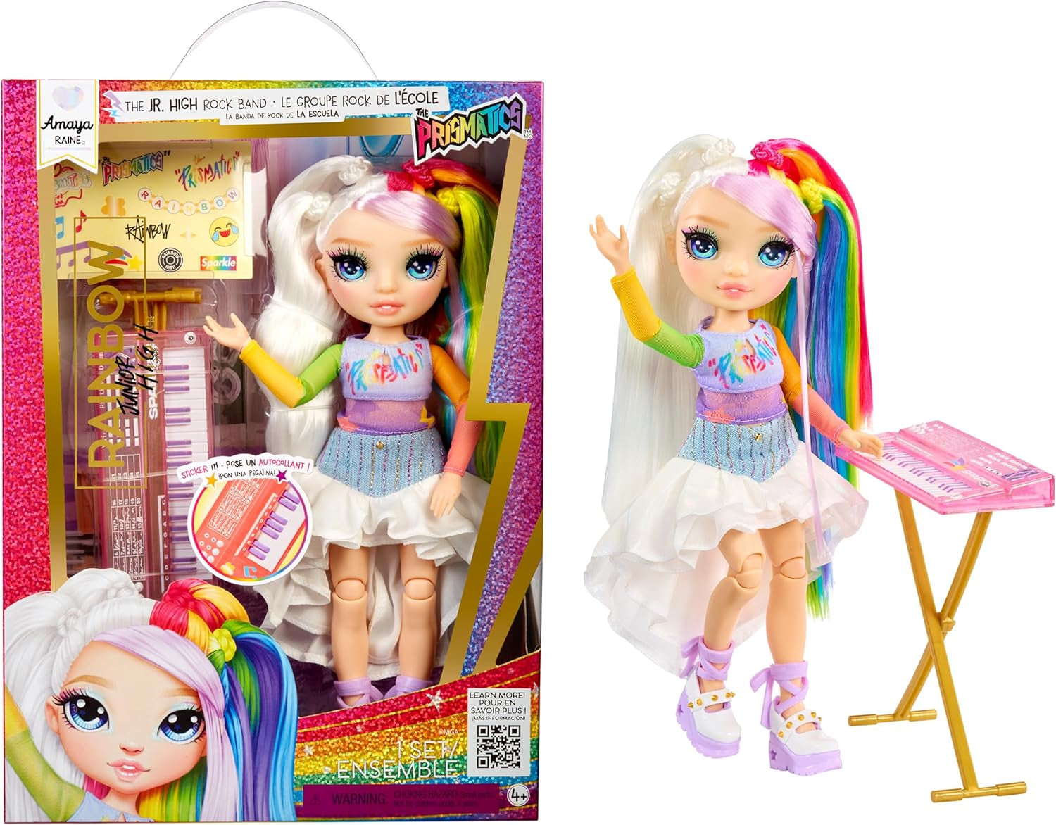Rainbow High Junior High Rock Band - Amaya, regenboogkleuren - 23 cm modepop met toetsenbord, aanpasbaar met stickers, scharnierend, schattig speelgoed voor kinderen vanaf 4 jaar