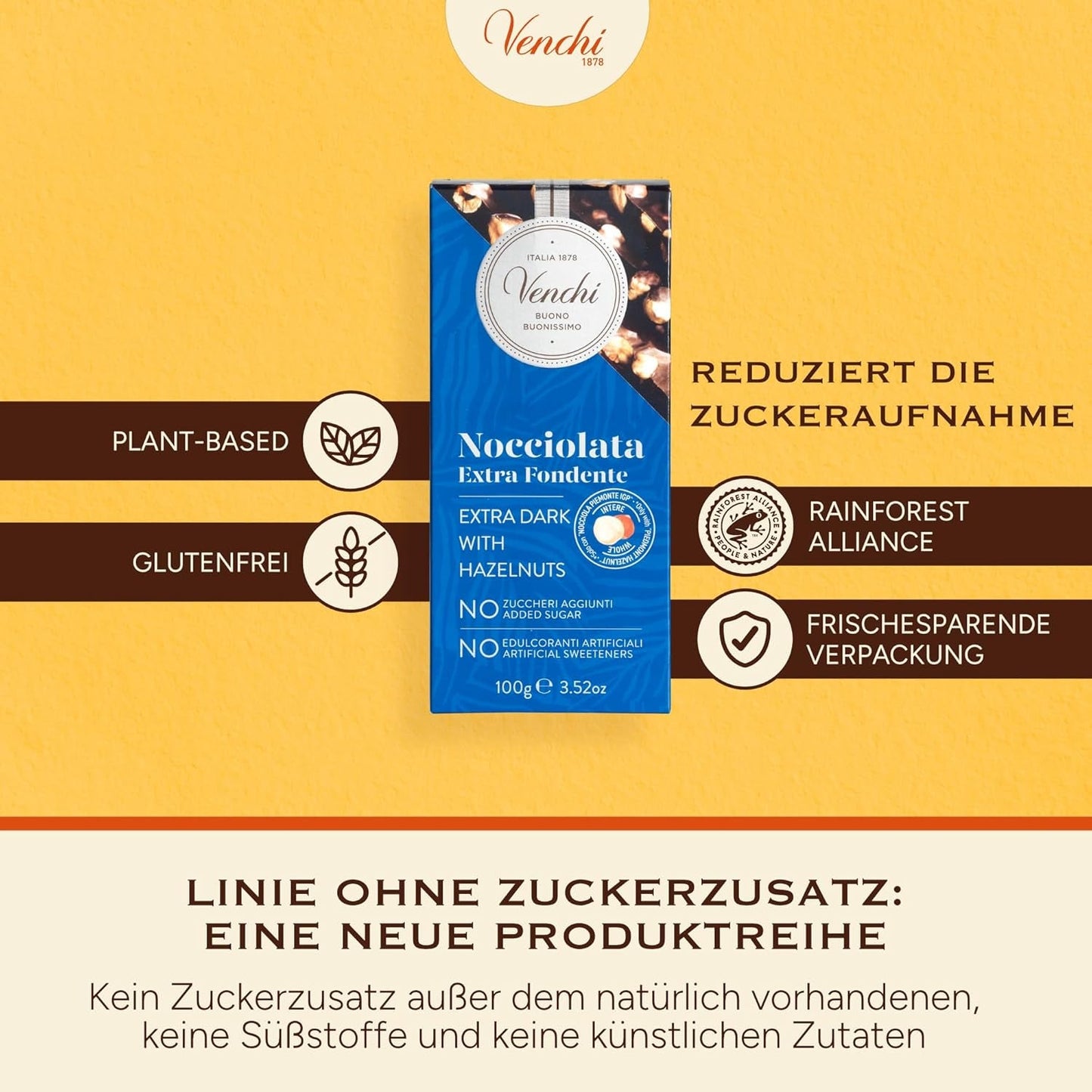 Venchi - Pak van 6 pure chocoladerepen met hazelnoten, 600g - Geen toegevoegde suikers - Geen kunstmatige zoetstoffen - Glutenvrij - Veganistisch - Cadeauidee