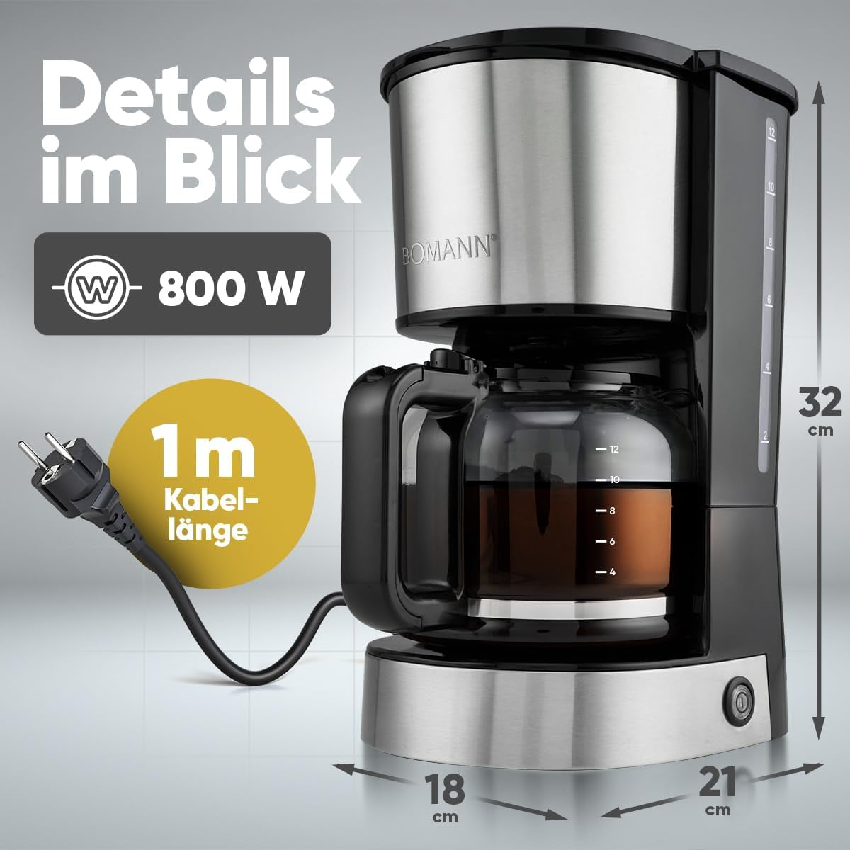 Espressomachine met Bomann®-filter | voor 12-14 kopjes | Koffie-espressomachine met filter | Roestvrij stalen behuizing | Anti-druppel | Espresso | Koffie-espressomachine met filter | 800W | KA 6071CB