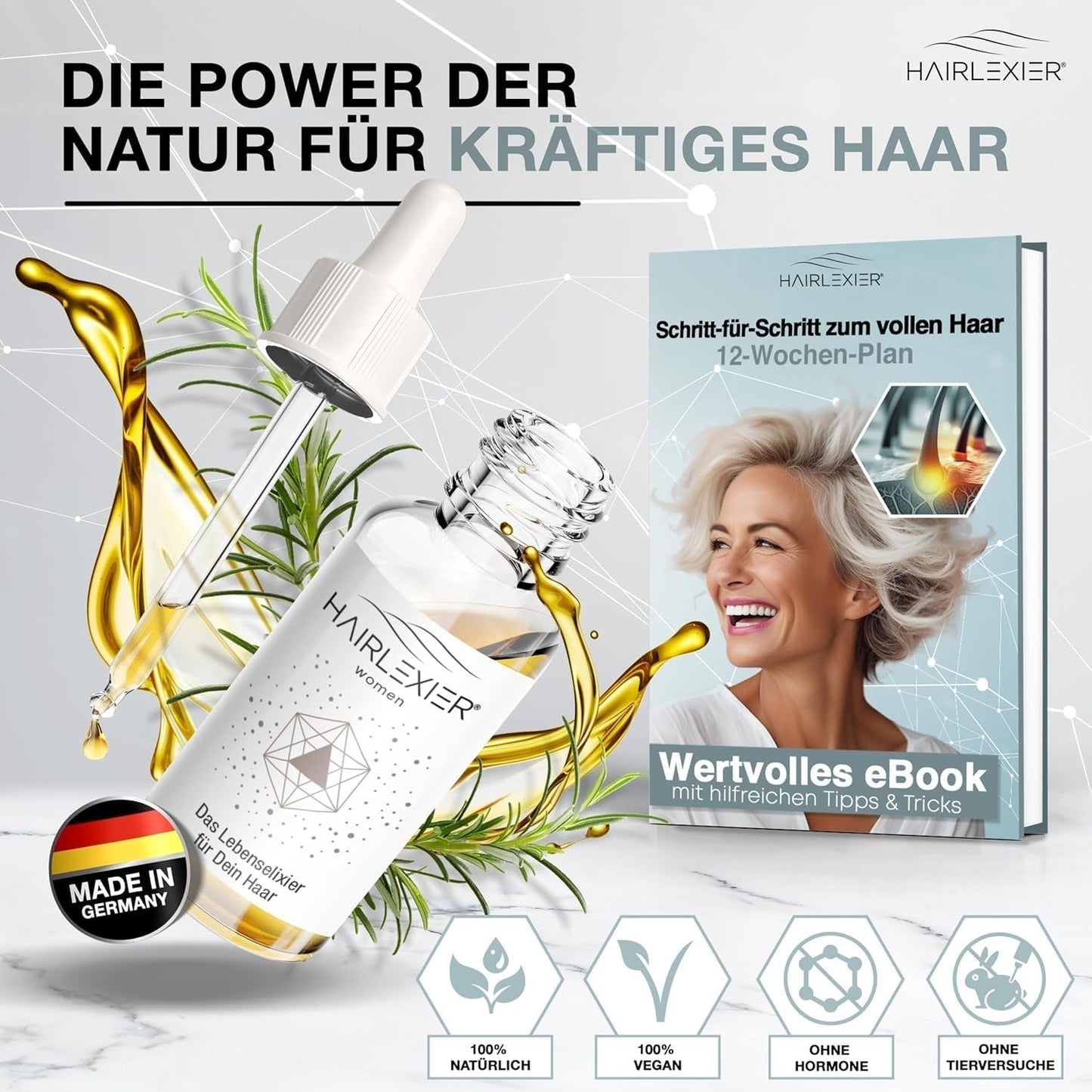 Hairlexier Haargroeimiddel voor vrouwen - Rozemarijn Haarolie, Ricinusolie Haarolie, Lavendelolie, Natuurlijk haarserum tegen diffuus haarverlies, Ondersteunt de haargroei, Veganistisch & Biologisch + Werkboek Haarverzorging Naty Shop