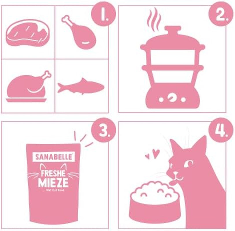 Sanabelle Freshe Mieze - Mixtray | 10 x 100 g Mixverpakking | 4 heerlijke soorten kattenvoer om te proberen | Gestoomd nat kattenvoer, net als vers gekookt