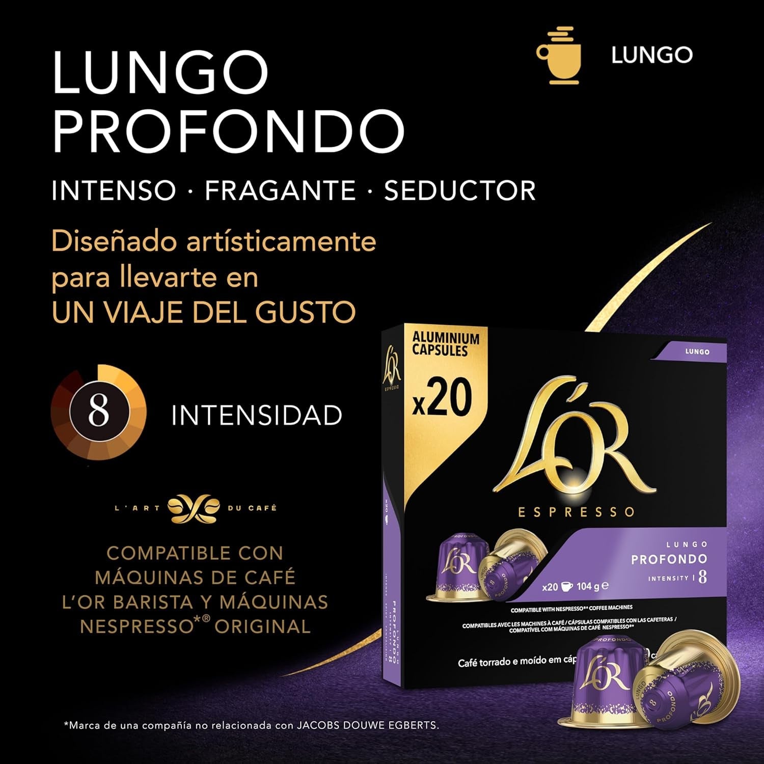 L'OR Espresso Koffiecups Lungo Profondo (200 Lungo Koffie Capsules, Gesicht voor Nespresso* Koffiemachines, Intensiteit 08/12, 100% Arabica Koffie, UTZ Gecertificeerd), 10 x 20 Kopjes