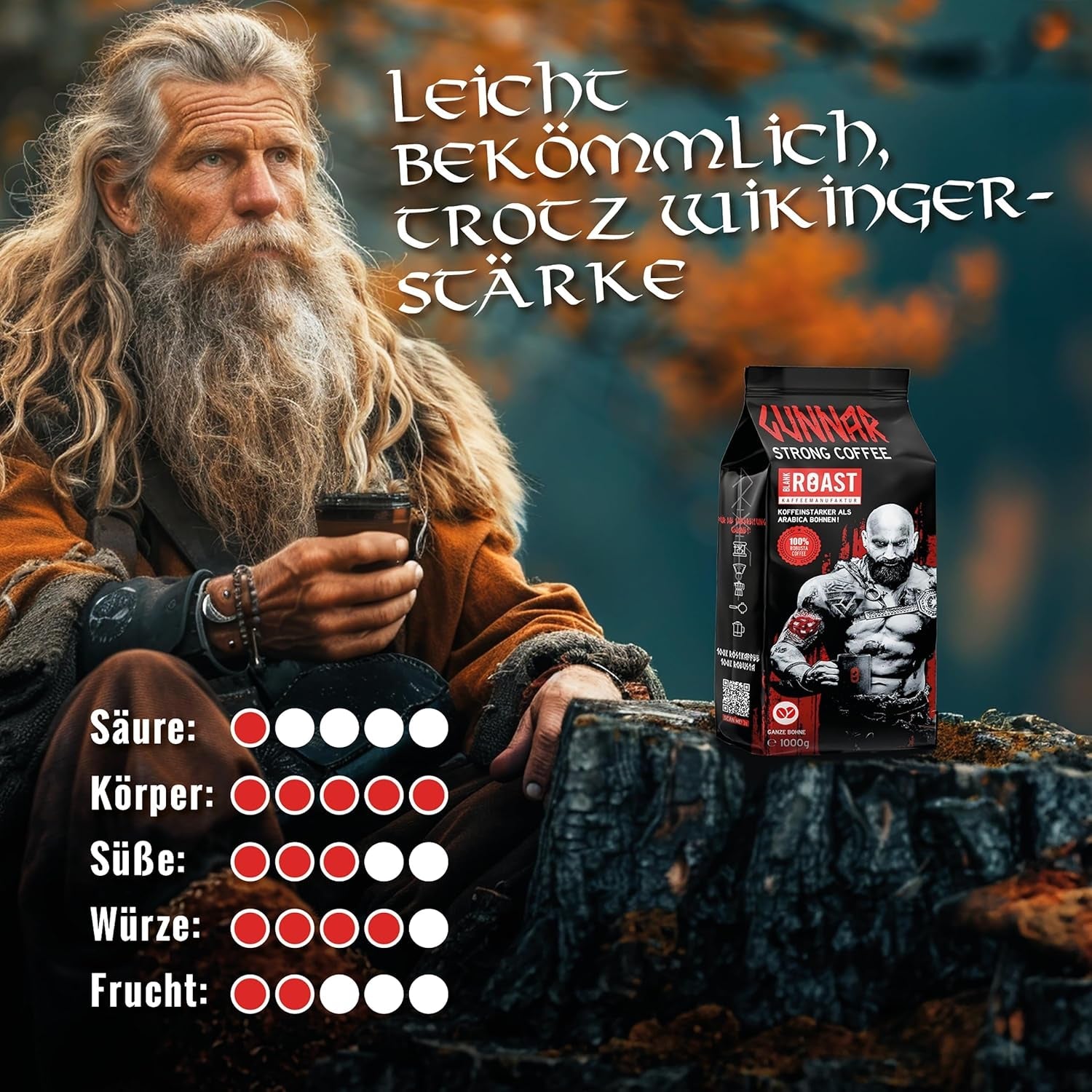 Blank Roast - GUNNAR - 1kg - Heel Kaffee-Bohnen Extra Sterk - Kräftige Robusta-Röstung - 494mg Kaffein je Tasse - Würzig & Kraftvoll mit Noten von dunkler Schokolade - Säurearm