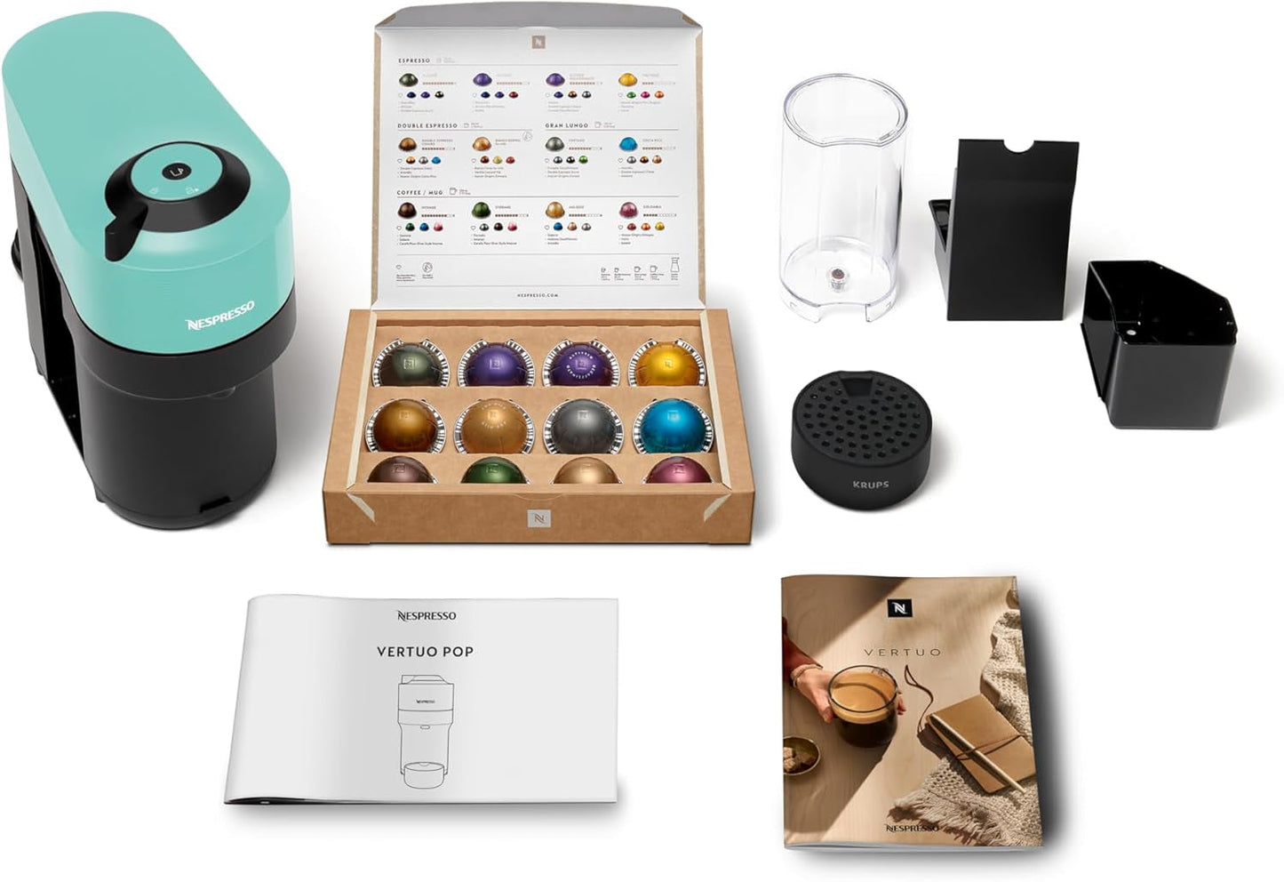 Espressomachine met Nespresso Krups Vertuo Pop capsules, inhoud: 560 ml, automatische capsuleherkenning, one-touch systeem, 4 kopgroottes, verkorte opwarmtijd, duurzaam, Aqua Mint, XN9204
