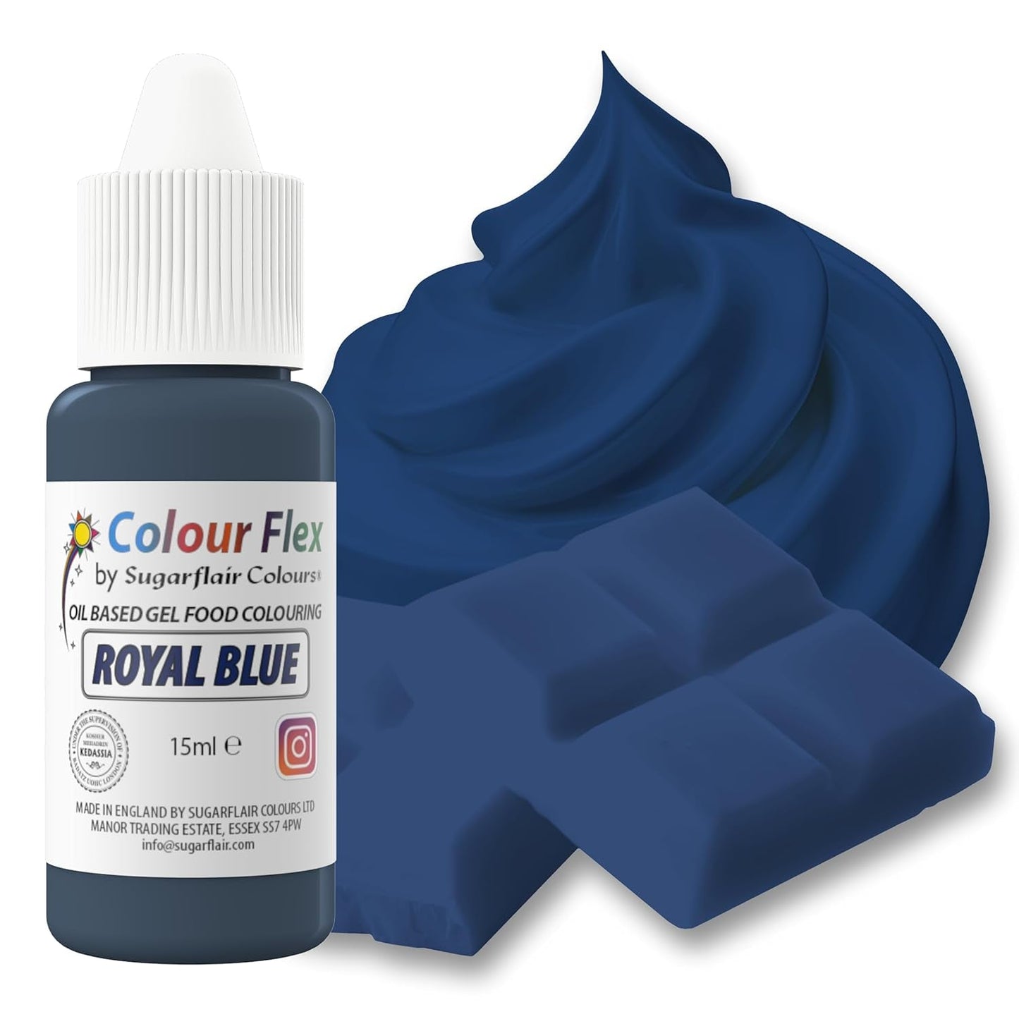 Sugarflair Colourflex op olie gebaseerde voedingskleurstof, koningsblauw, sterk geconcentreerde vloeibare voedingskleurstof, voedingskleurstof voor botercrème, chocolade, deeg, fondant, glazuur en meer - 15 ml