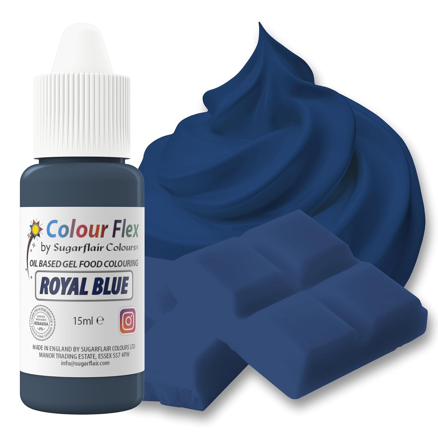 Sugarflair Colourflex op olie gebaseerde voedingskleurstof, koningsblauw, sterk geconcentreerde vloeibare voedingskleurstof, voedingskleurstof voor botercrème, chocolade, deeg, fondant, glazuur en meer - 15 ml