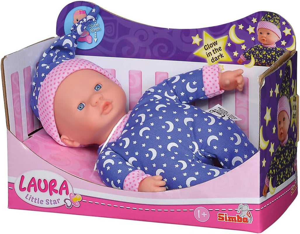 Simba 105010010 - Laura Little Star pop met zacht lichaam in lieve jurk en hoed met glinsterende manen en sterren Glow in the dark pop van 20 cm voor 12 maanden+ blauwe poppen Naty Shop