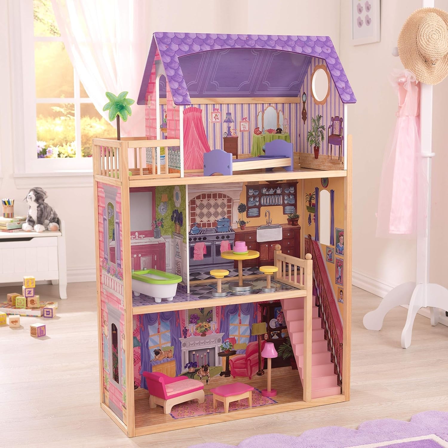 KidKraft Kayla houten poppenhuis met meubels en accessoires, 3-laags speelset voor pop van 30 cm, speelgoed voor kinderen vanaf 3 jaar, 65092 - Exclusief op Amazon