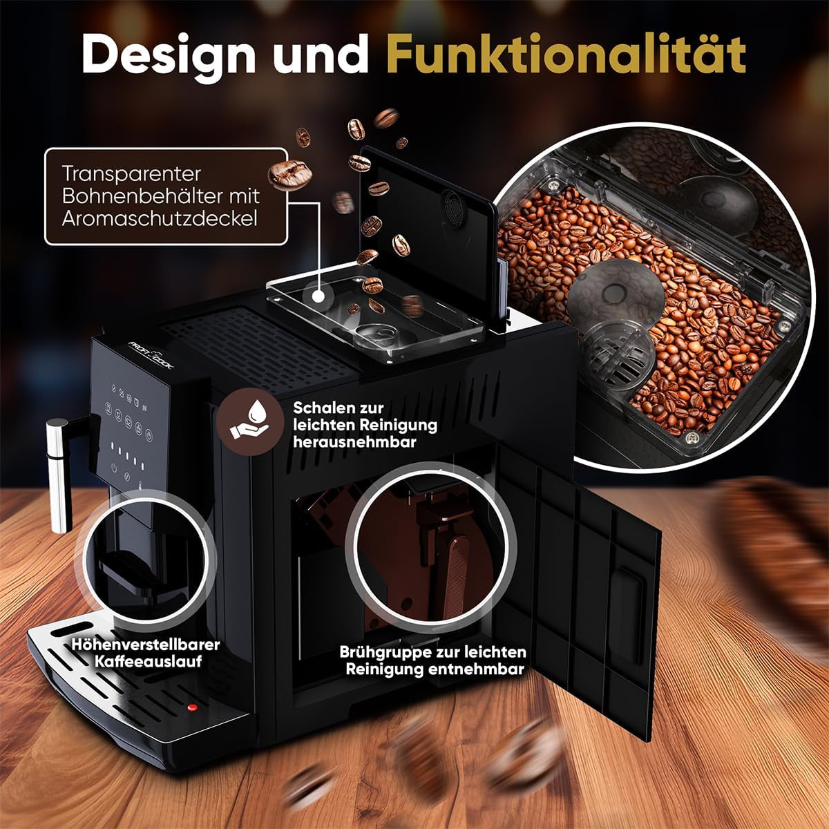 Volautomatische ProfiCook® espressomachine met melkopschuimer voor cappuccino | Conische slijpmachine | met kopjesverwarmingsfunctie | Italiaanse professionele pomp | Touchscreen | Espresso | PC KAV 1281
