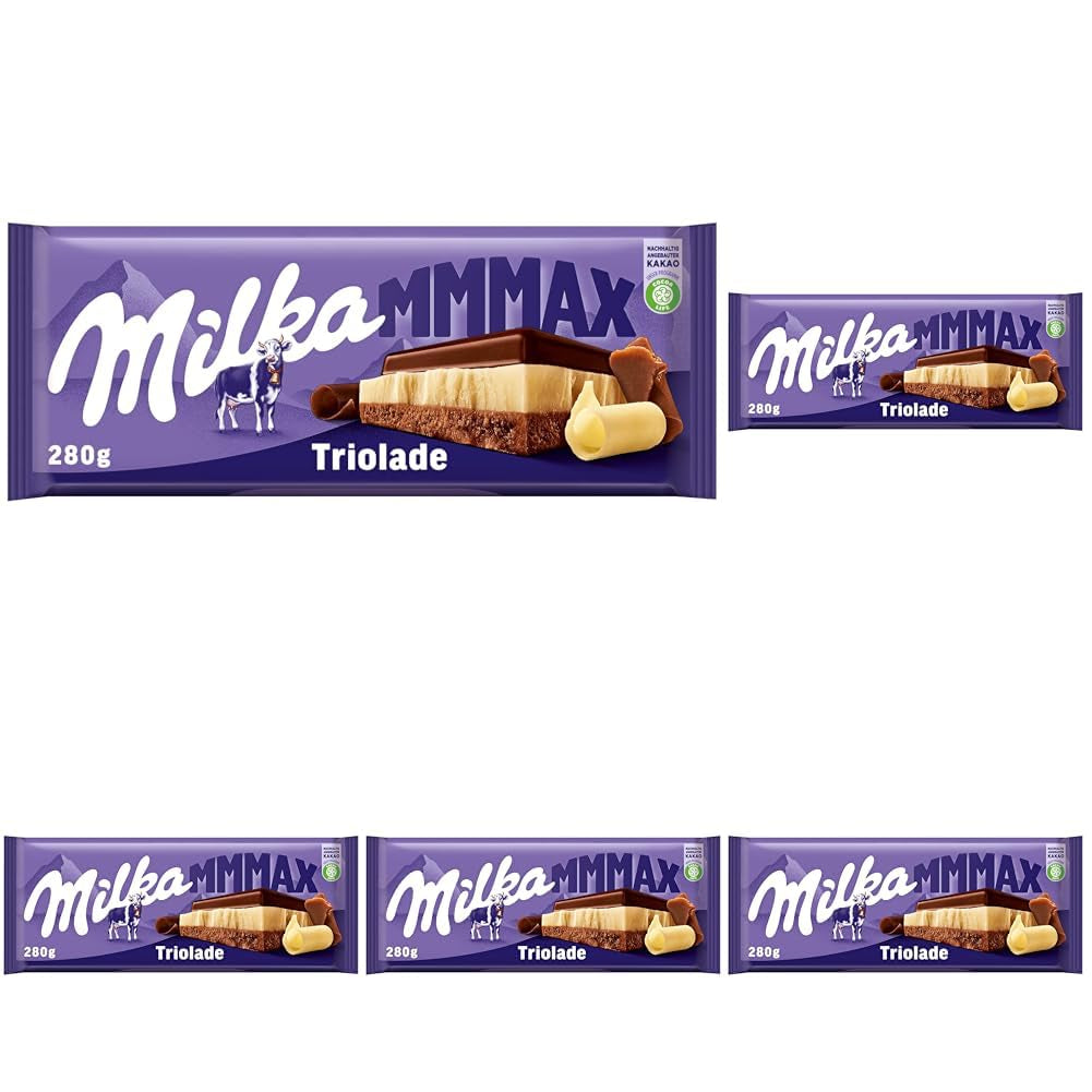 Milka Triolade 1 x 280g | Grote drielaagse chocoladereep | Alpenmelkchocolade, witte en pure chocolade | Milka chocolade van 100% alpenmelk | Chocoladerepen (pak van 5)