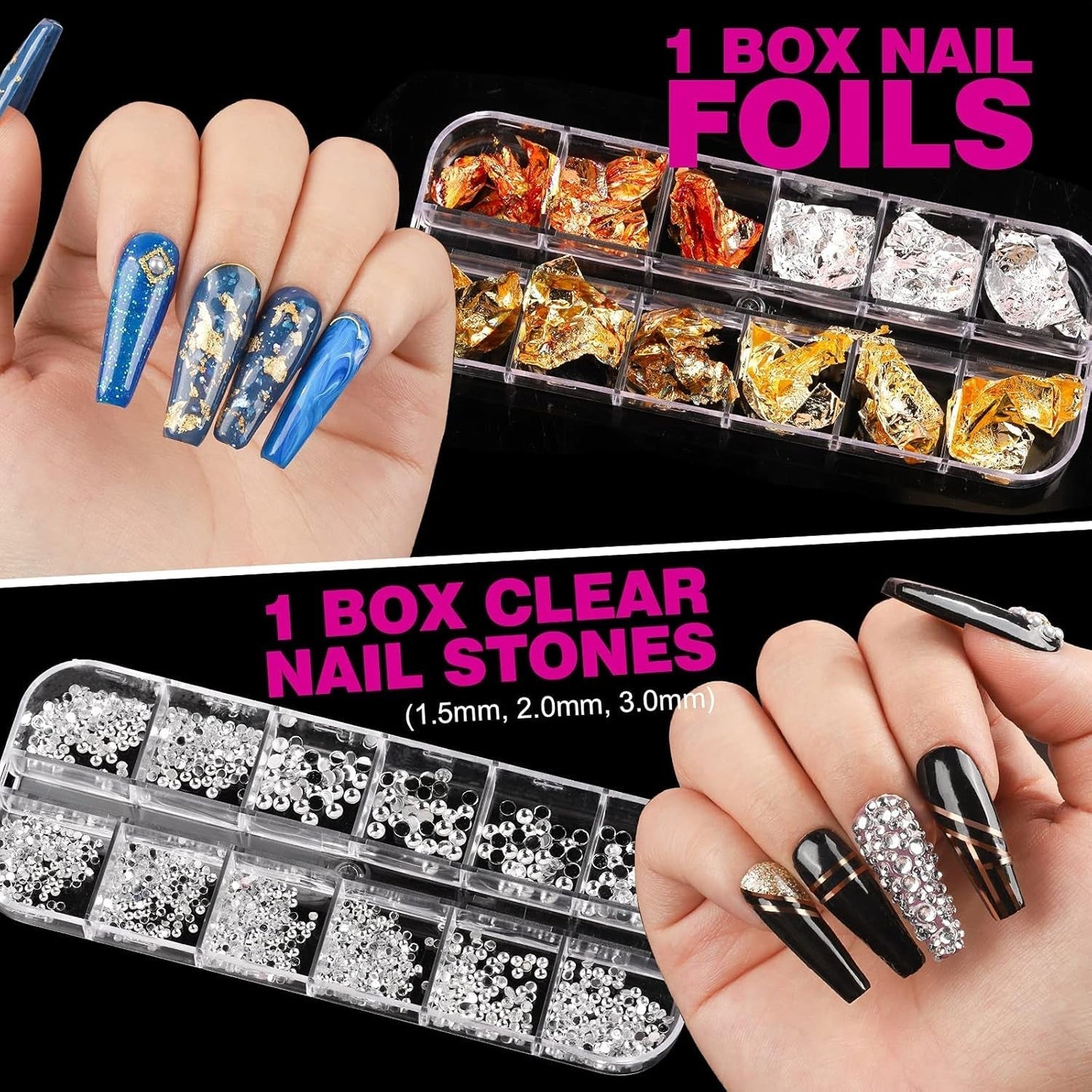 FANDAMEI 54 Blätter Wassertransfer Nagelsticker & Nail Art Pinsel Set, Dotted Pennen, Blattgold voor Nagelkunst, Streifenband, Strasssteine, Werkzeug en Decoratieset voor Nagelkunst Maniküre Set