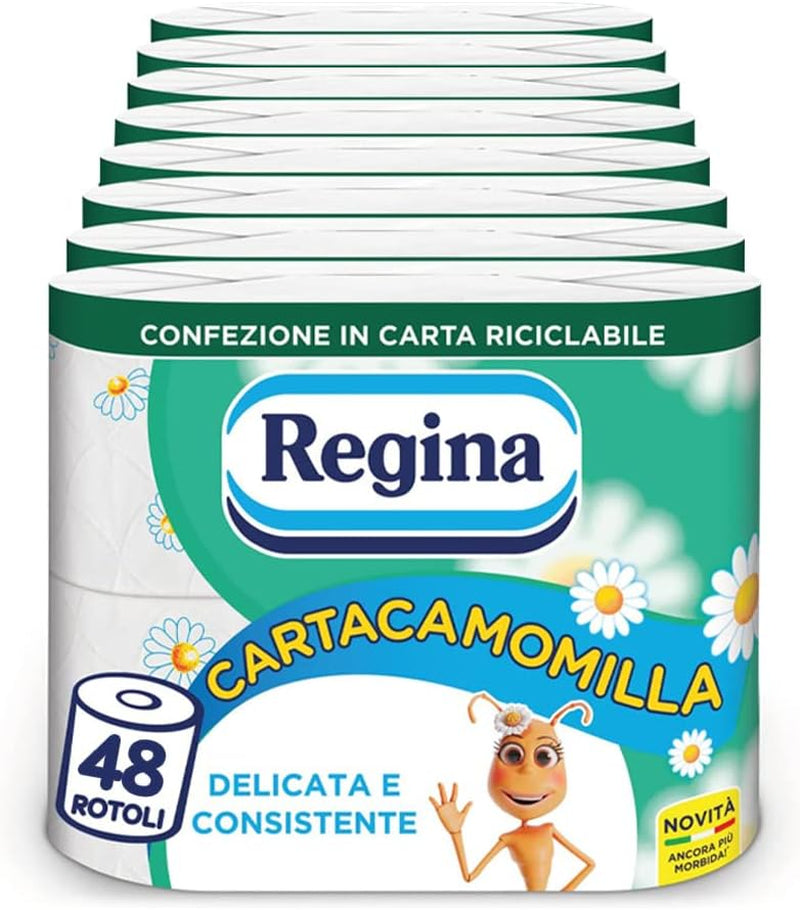 Regina Cartacamomilla - 8 rollen toiletpapier, 300 pluizige vellen, 3-laags, zacht en stevig, recyclebare papieren verpakking