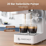 AMZCHEF 20 bar espressomachine, LED-display, professionele melkopschuimer en roestvrijstalen stoomlans, 1,5 liter verwijderbare tank, 1350 W snelle verwarming, wit