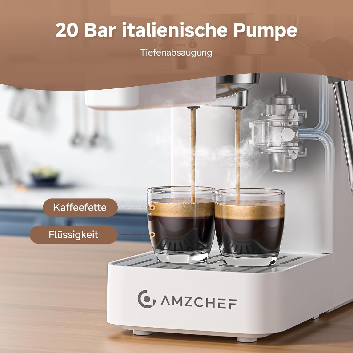 AMZCHEF 20 bar espressomachine, LED-display, professionele melkopschuimer en roestvrijstalen stoomlans, 1,5 liter verwijderbare tank, 1350 W snelle verwarming, wit
