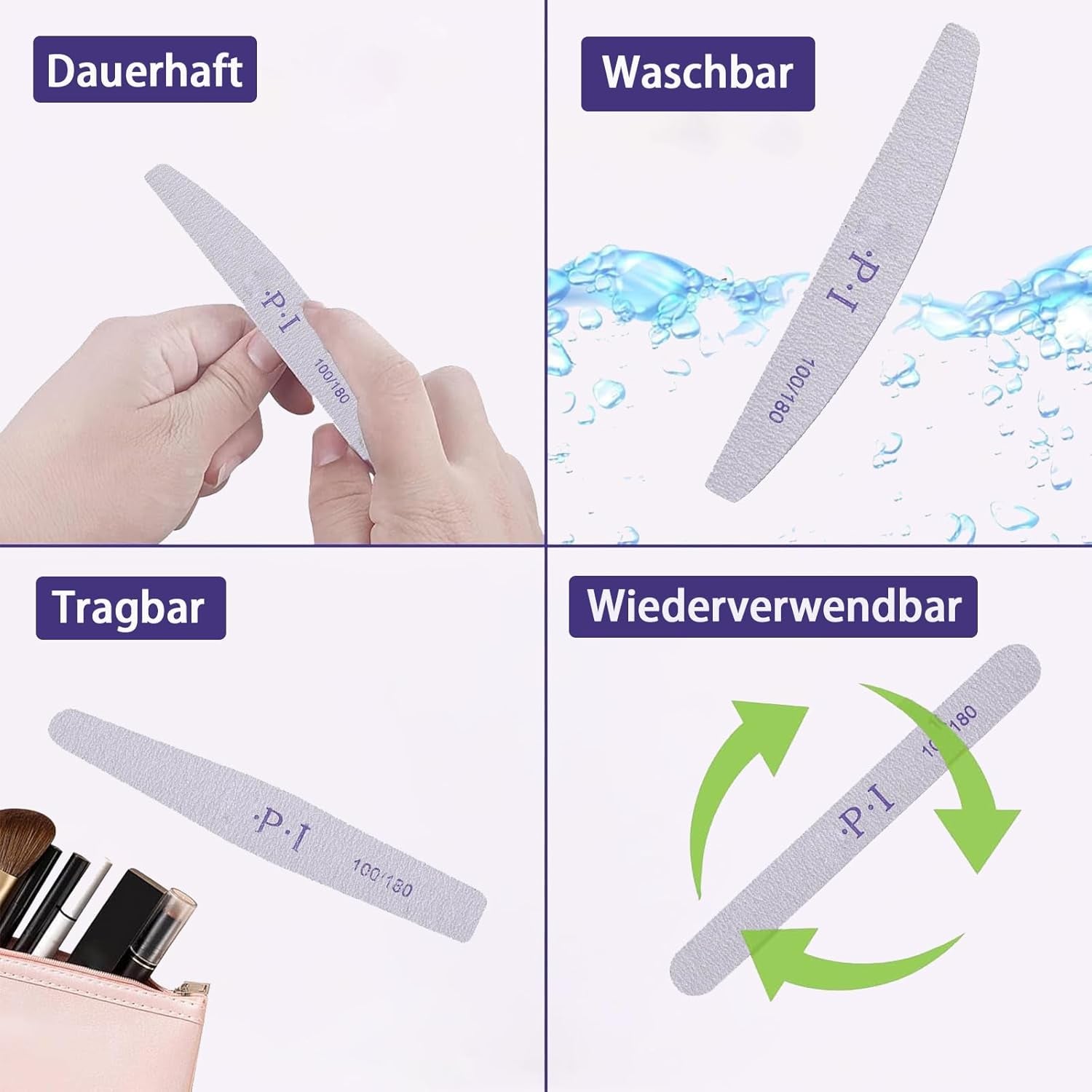 3-delige nagelvijlset, nagelvijlen voor gelnagels, slijtvaste en wasbare gelnagelaccessoires, professionele nagelvijl 100/180 met 3 vormen, wit