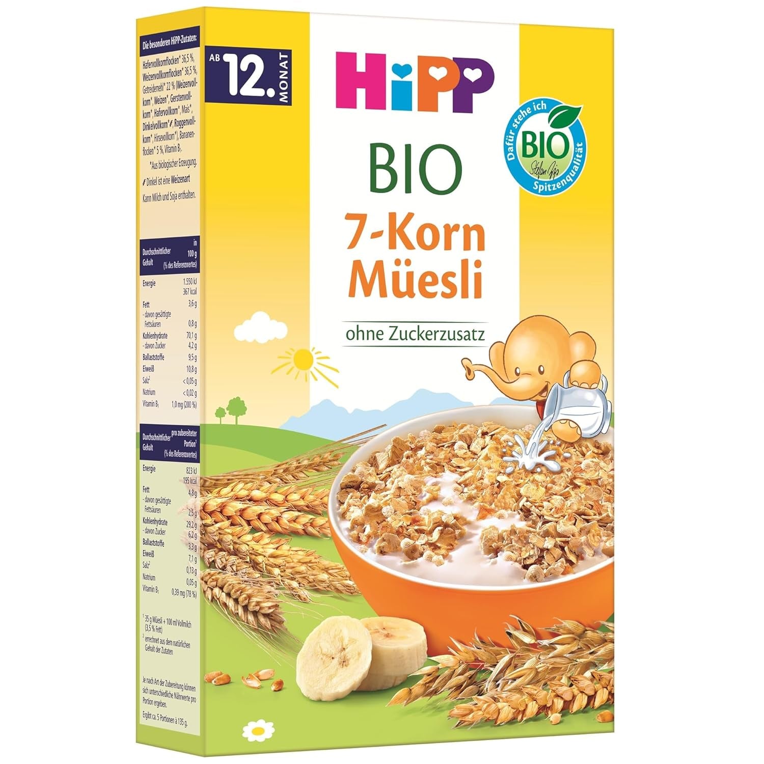 HiPP biologische muesli met 7 granen (8 x 200 g), vanaf 12 maanden, zonder toegevoegde suiker, extra fijne stukjes - gemakkelijk te kauwen, beste biologische kwaliteit