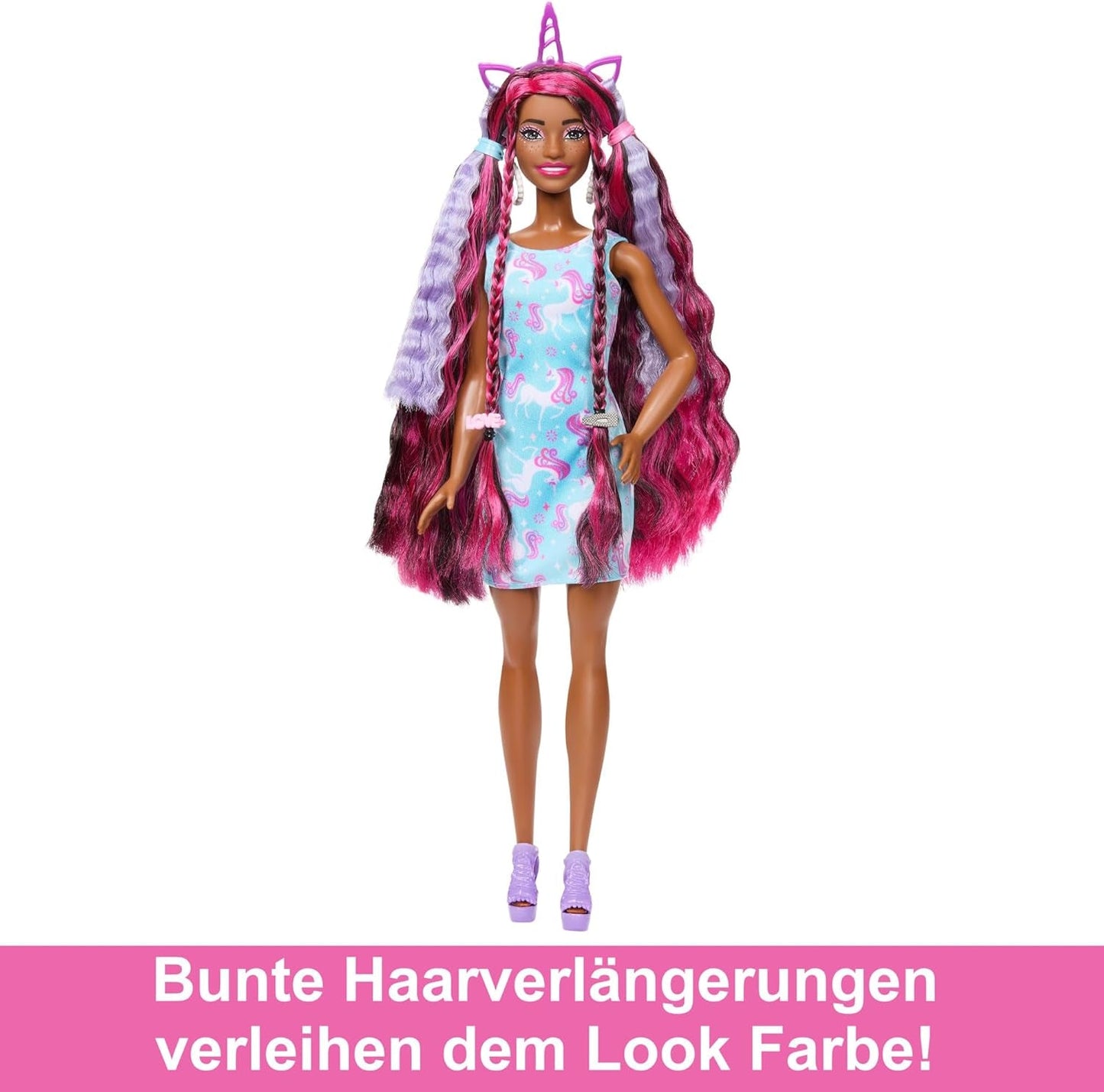 Barbie-pop Leuk stijlvol haar met extra lang kleurrijk zwart haar en sprankelend roze jurkje 10 kapsel- en mode-accessoires JDC86