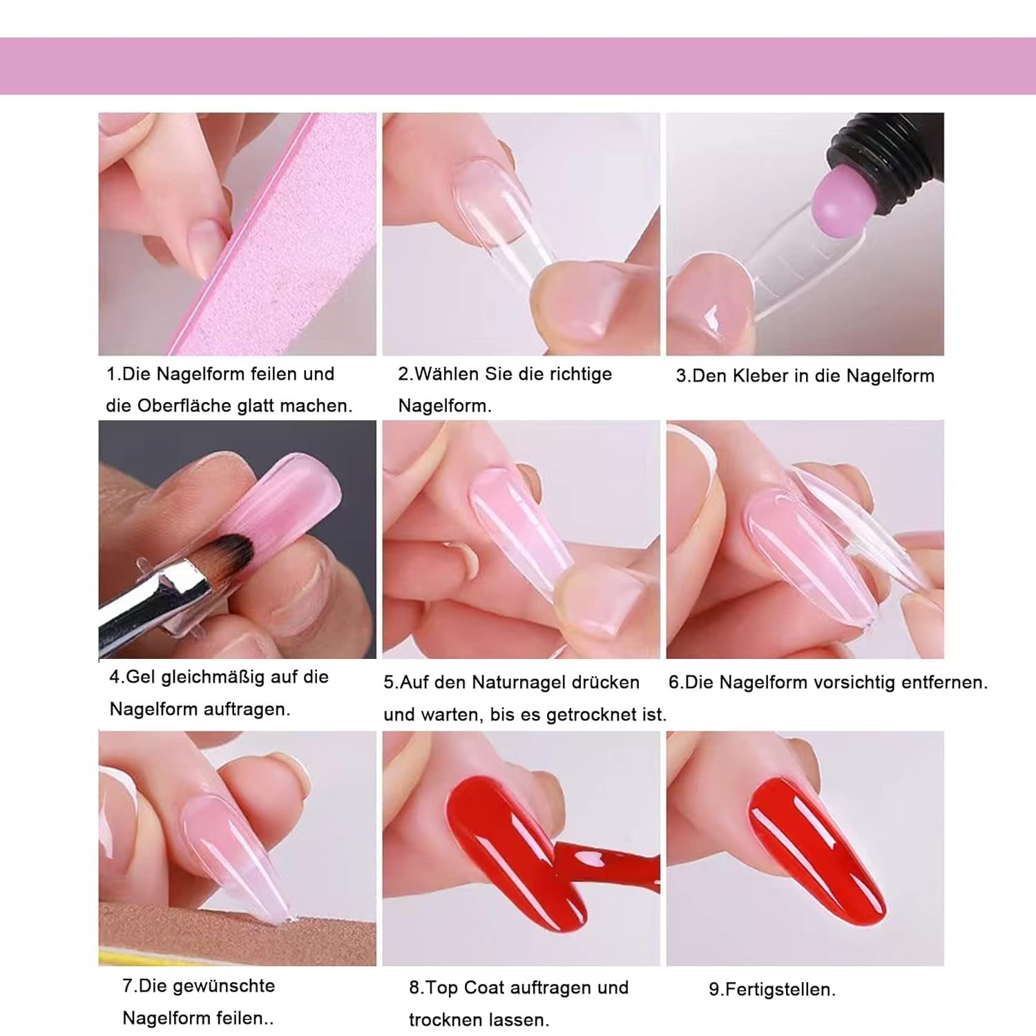 120 dubbele nagelformulierenset, nagelverlengingssjablonen met roze dubbele borstel, nageltipclip, spons-teenscheider en nagelvijl voor polygelnagels