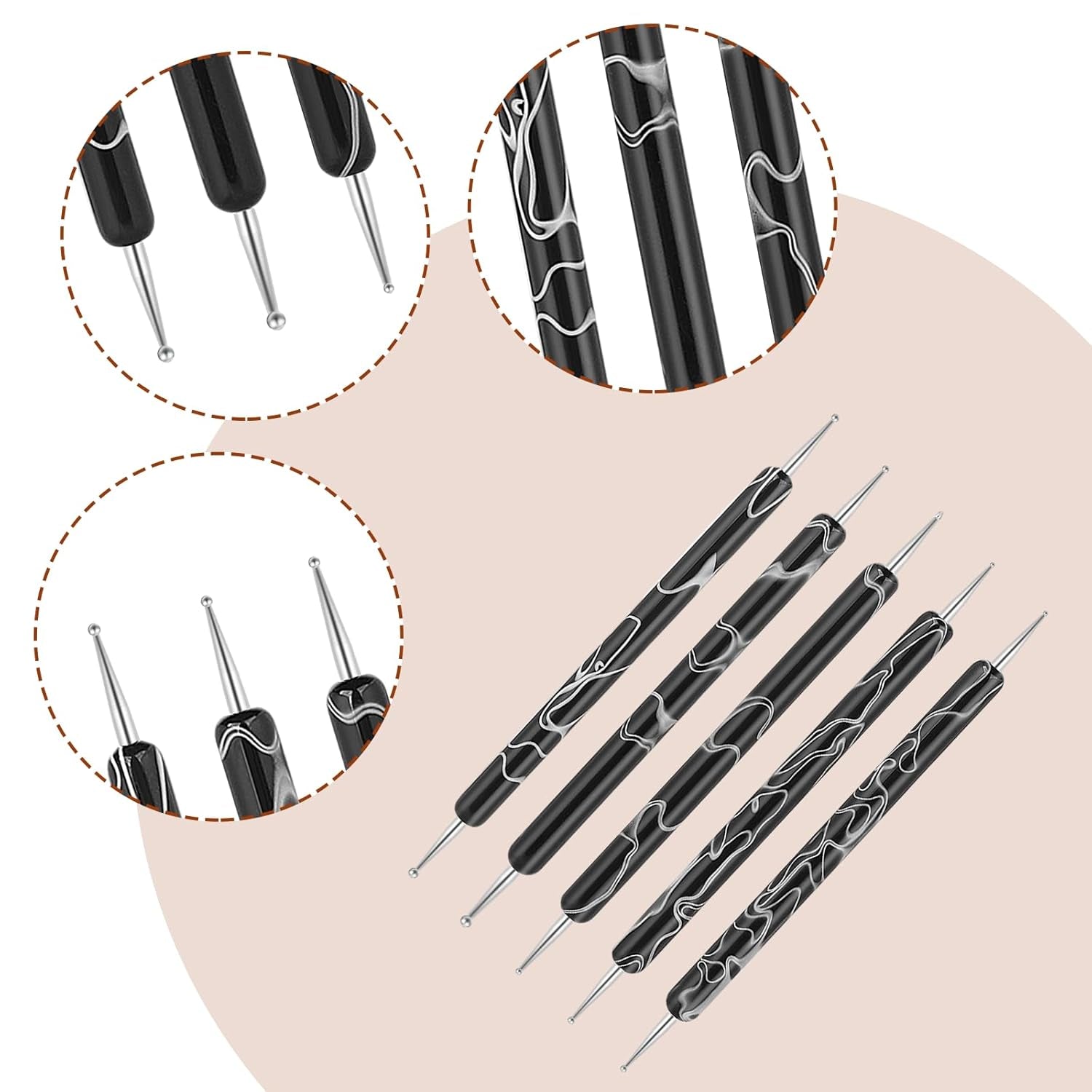 5 Stück Nail Design Dotting Tools Nagelkunst Werkzeug Nagelpunkt Pinsel Punktierung Stift Marbleizing Werkzeug Für Nagelack Maniküre, Zwart