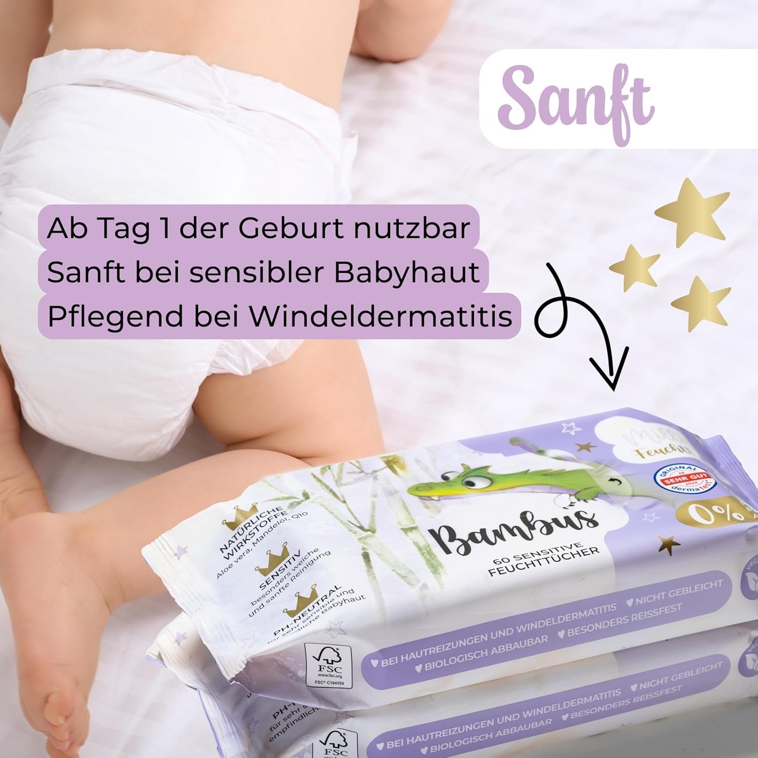 Millis Bamboo Baby Sensitive vochtige doekjes voor de gevoelige babyhuid - 5 x 60 stuks - Natuurlijke, zachte en duurzame reiniging - Biologisch afbreekbare babydoekjes, plasticvrij en alcoholvrij