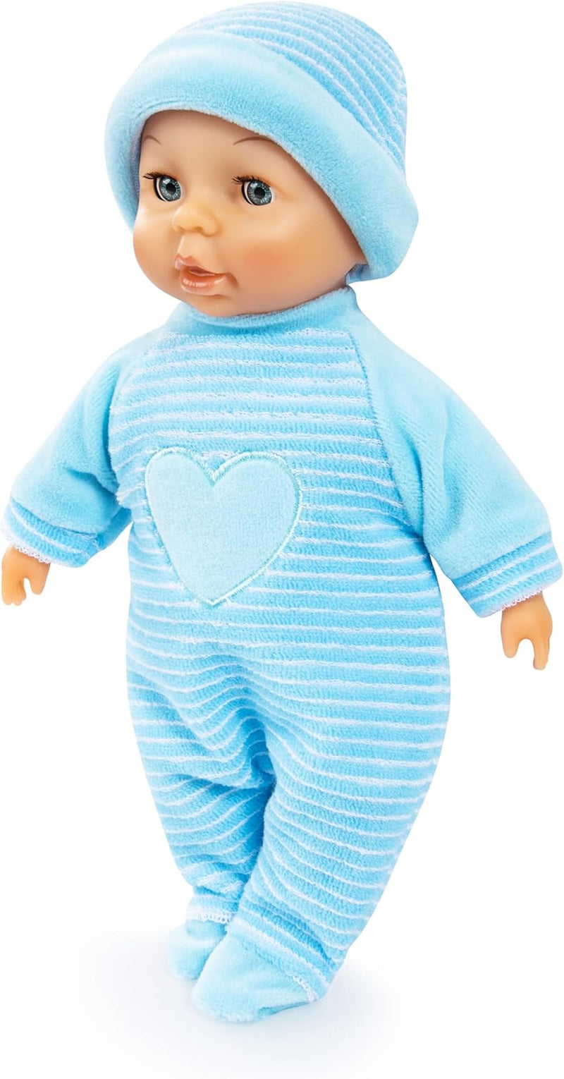 Bayer Design 92802AU Mijn eerste baby 28 cm, babypop, pop met zacht lichaam en slapende ogen, erg handig, schattige outfit, blauw met hart