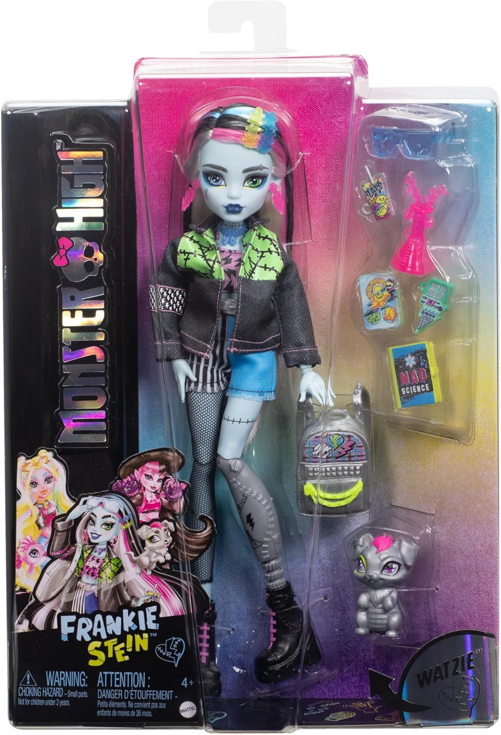 Monster High Frankie Stone-pop in spijkerjasje en korte broek, inclusief hondenwattie en accessoires zoals rugzak, snack en notitieboekje, HXH73 Naty Shop-poppen