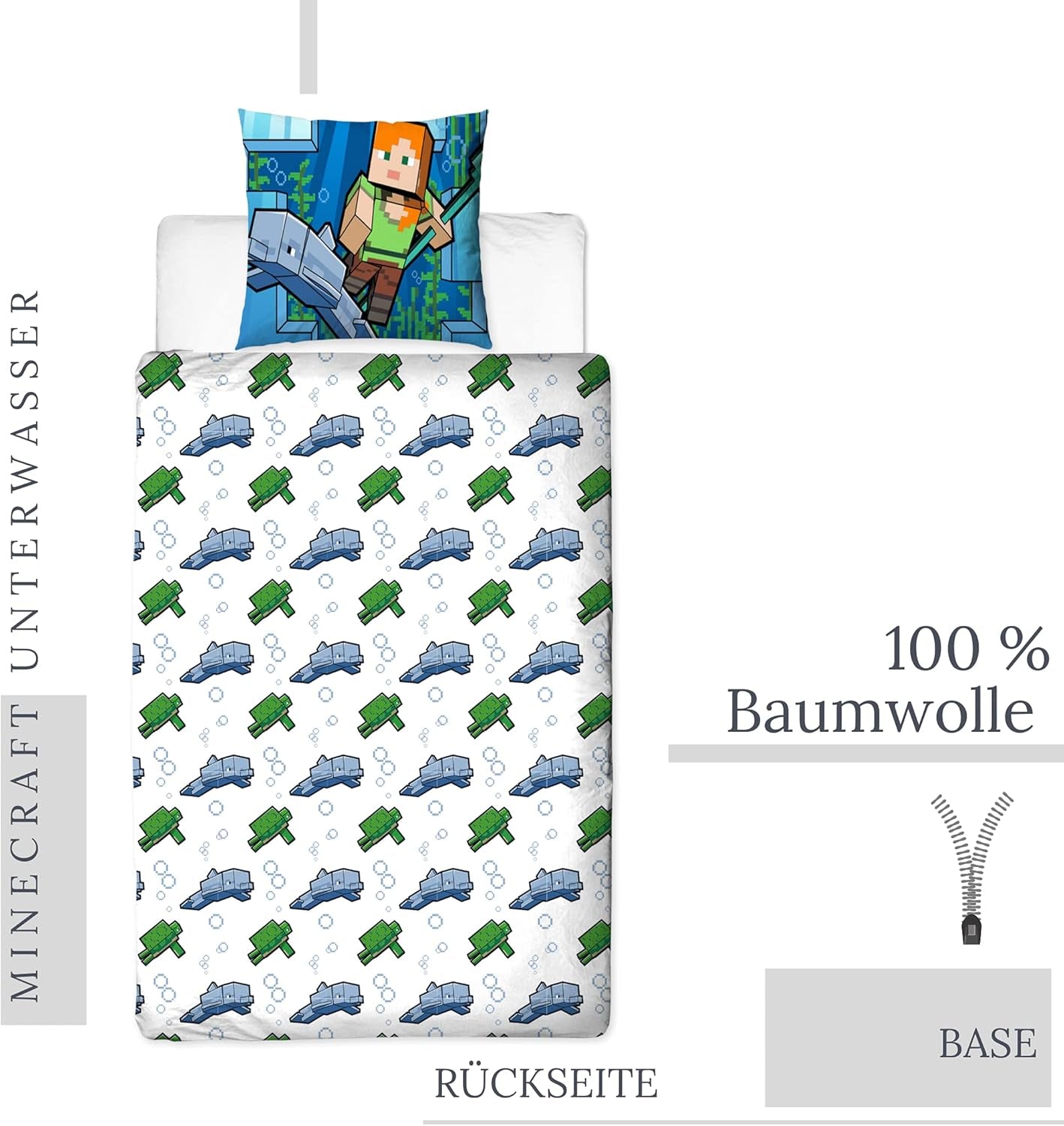 Minecraft Beddengoed Kinderbettwäsche Jugendbettwäsche 135X200 · Unterwasserwelt · Wende Motiv · Kissenbezug 80X80 + Bettbezug 135X200 Cm · 100% Baumwolle · Deutsche Größe Naty Shop