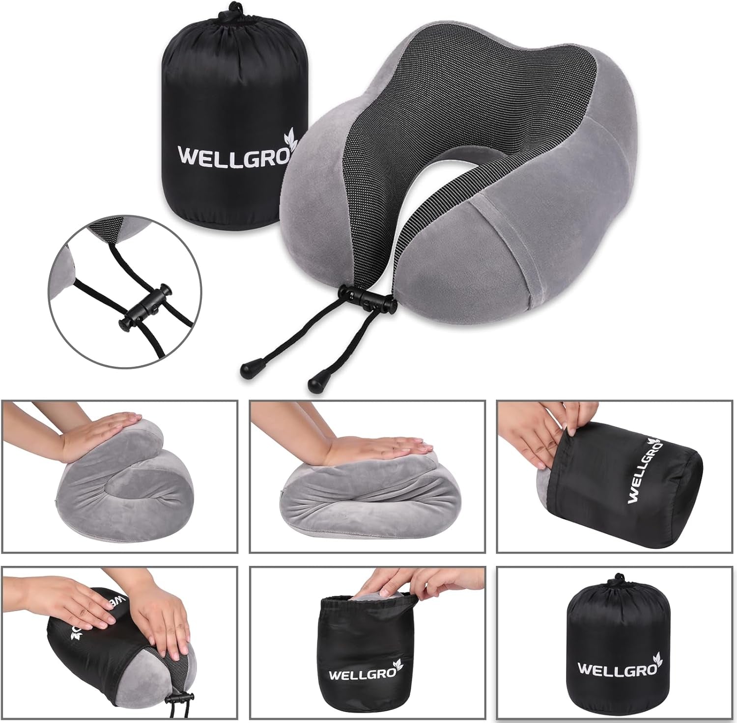 WELLGRO Nekkussenset met 3D-slaapmasker en oordopjes - Afneembare hoes - Traagschuim - Ritssluiting - Inclusief opbergtas - Reiskussen - Kleur selecteerbaar, Kleur: Grijs Cervicale Orthopedische Kussens Naty Shop