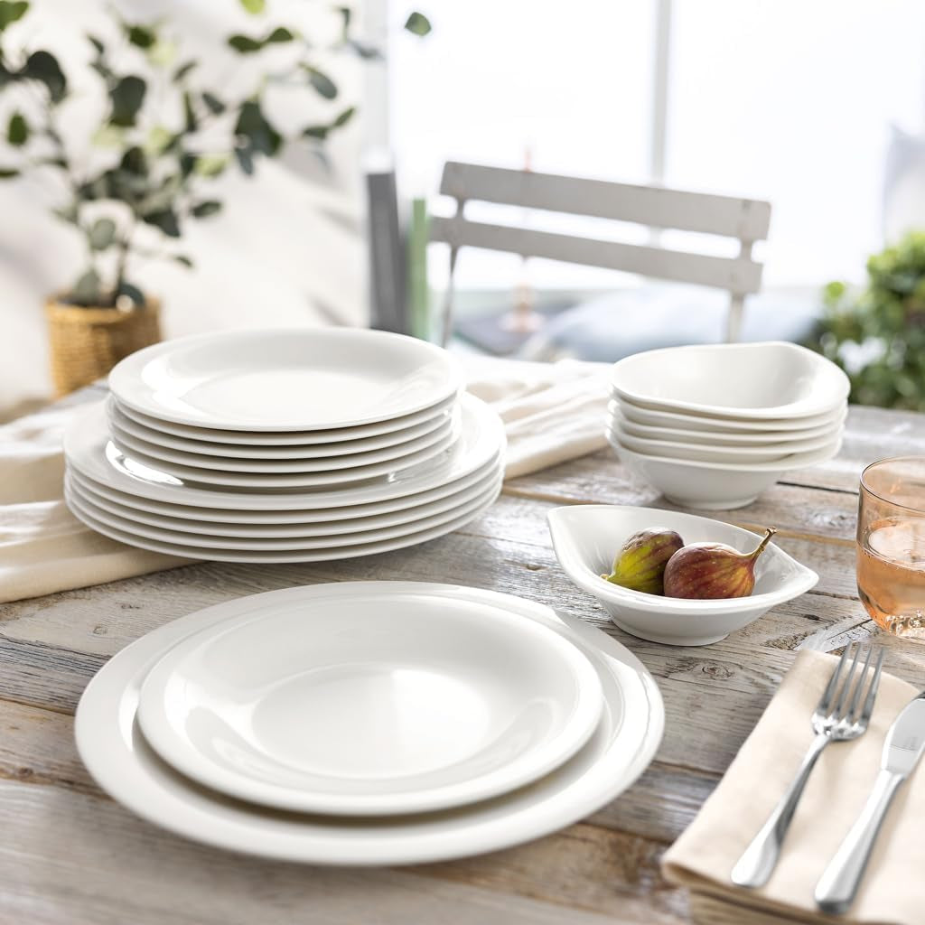 vivo - Villeroy & Boch Groep – Essential Witte Dinerset 18 tlg. Weiß, Spülmaschinenfest, Mikrowellensicher, Geschirr Set für 6 Personen, Müslischalen, Speiseteller, Dessertteller, Premium Porzellan