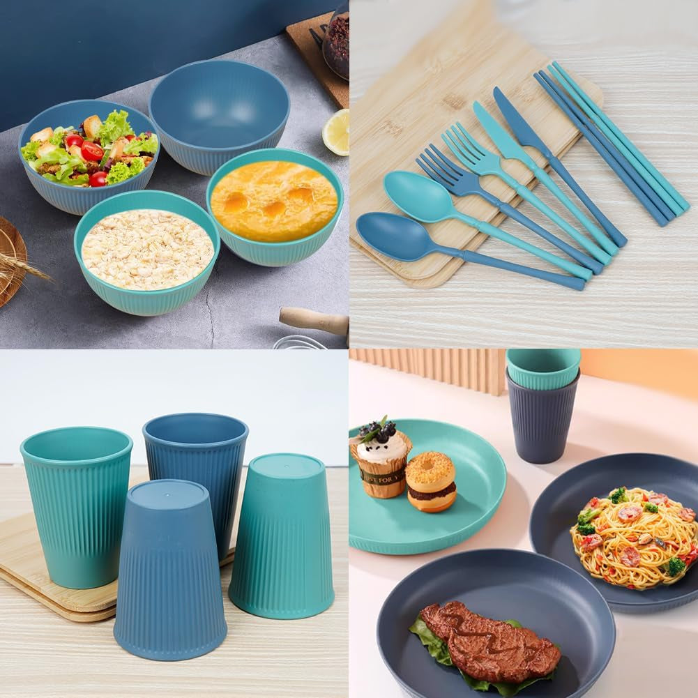 53-delig 4-persoons campingservies, onverwoestbaar 4-persoons campingservies, lichtgewicht plastic servies met draagtas, stapelbare borden en schalen, BBQ-tuin-picknickservies