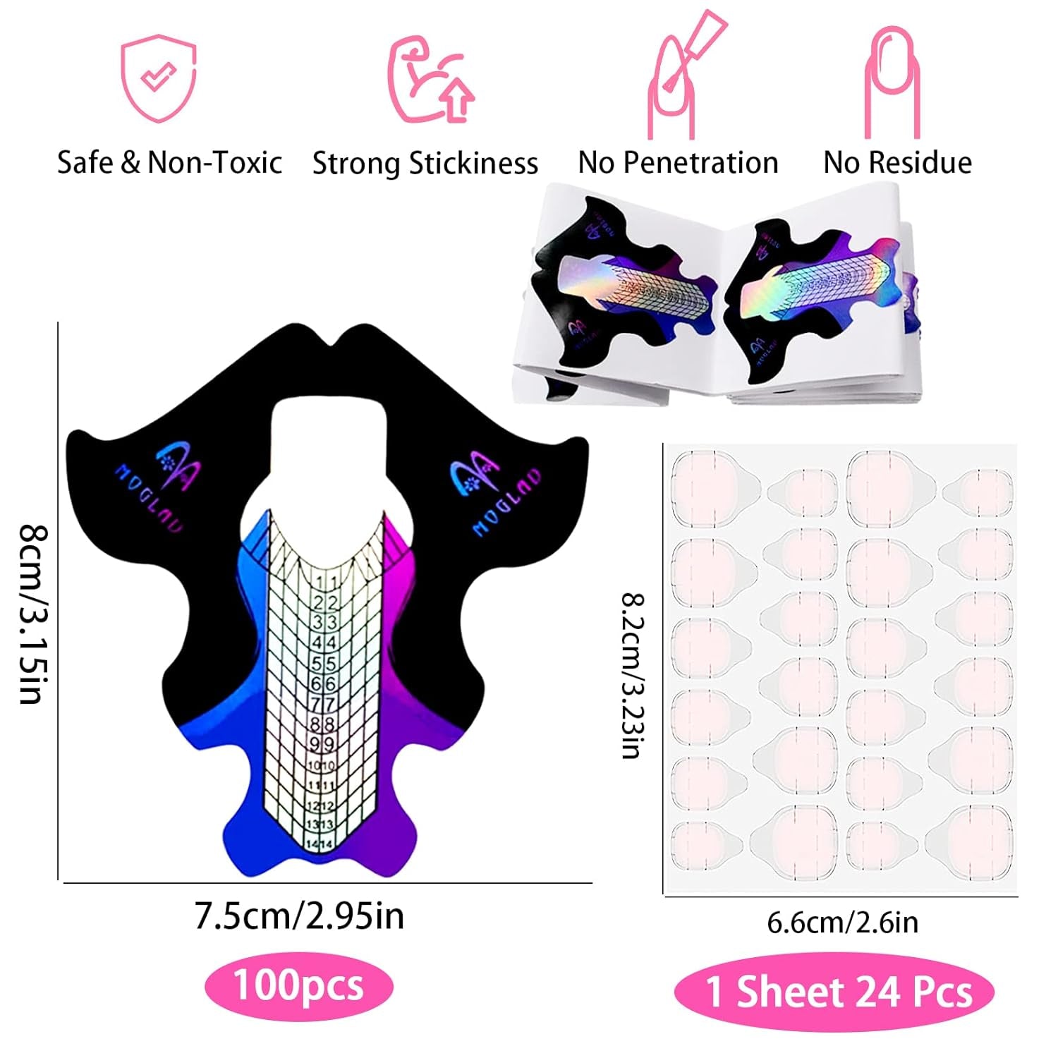 ® 100 nagelsjablonen en 1 vel met 24 doorzichtige zelfklevende schijven voor nagels, nagelverlengingssjablonen, zelfklevende gelnagelverlengingssjablonen, kunstnagelaccessoires